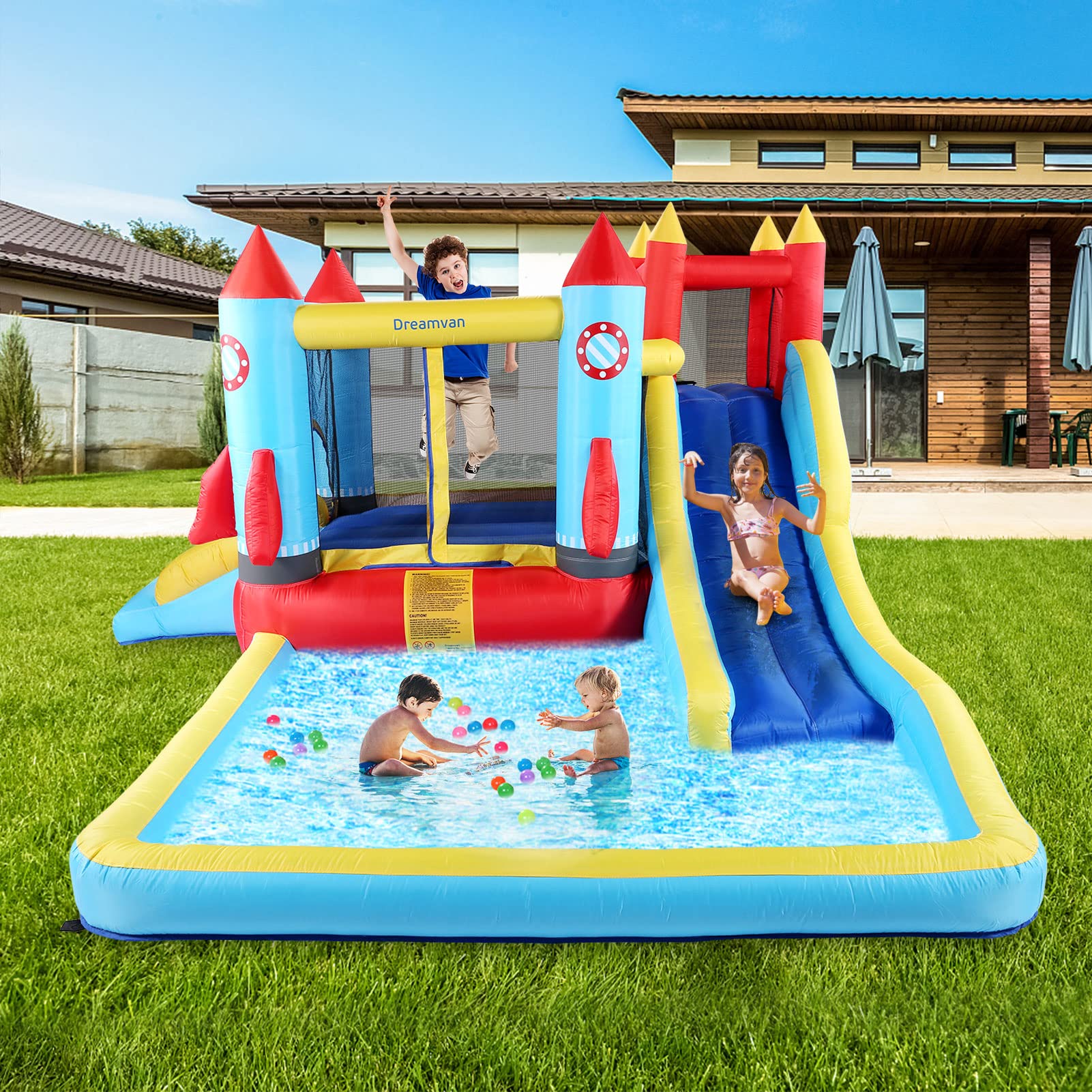 DREAMVAN Inflatable Bounce House with Blower, Jumping Castle with 2 Slides, Jump and Splash Adventure Bounce House or Water Slide All in one, with Climbing Wall Kids Bouncy Castle for Indoor/Outdoor