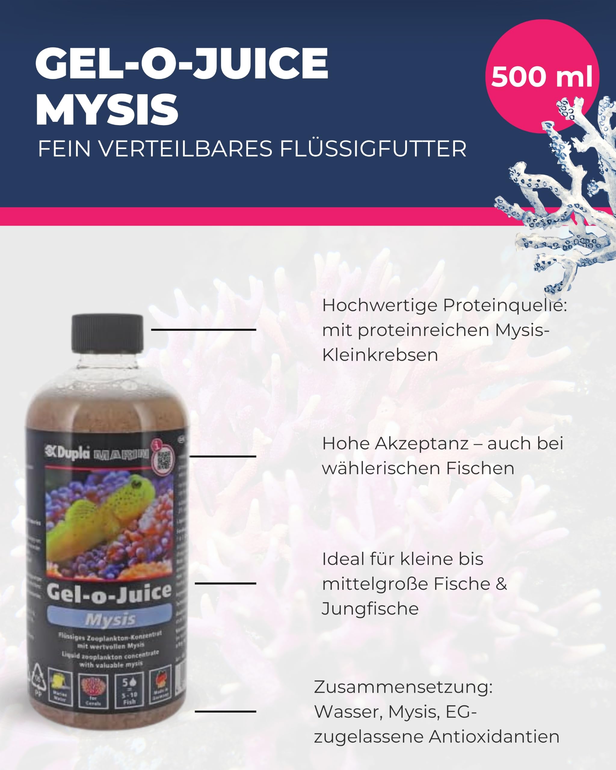Dupla Marin Gel-o-Juice Mysis I 500 ml I flüssiges Zooplankton-Konzentrat mit kleinen Schwebegarnelen I für gutes Fischwachstum und gesunde Korallen I nährstoffreiches Fischfutter