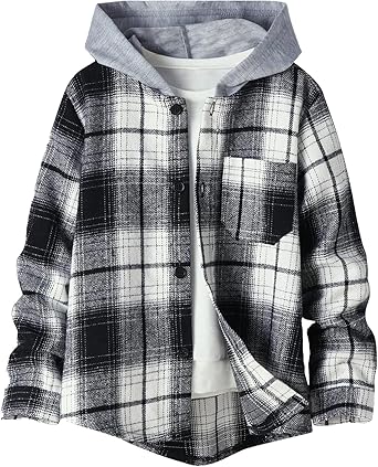 Boys Flannel Shirts Plaid Hoodie: Button Down Long Sleeve Shirt Fall Winter Fashion Lightweight Hooded Jacket Coats