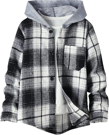 Boys Flannel Shirts Plaid Hoodie: Button Down Long Sleeve Shirt Fall Winter Fashion Lightweight Hooded Jacket Coats