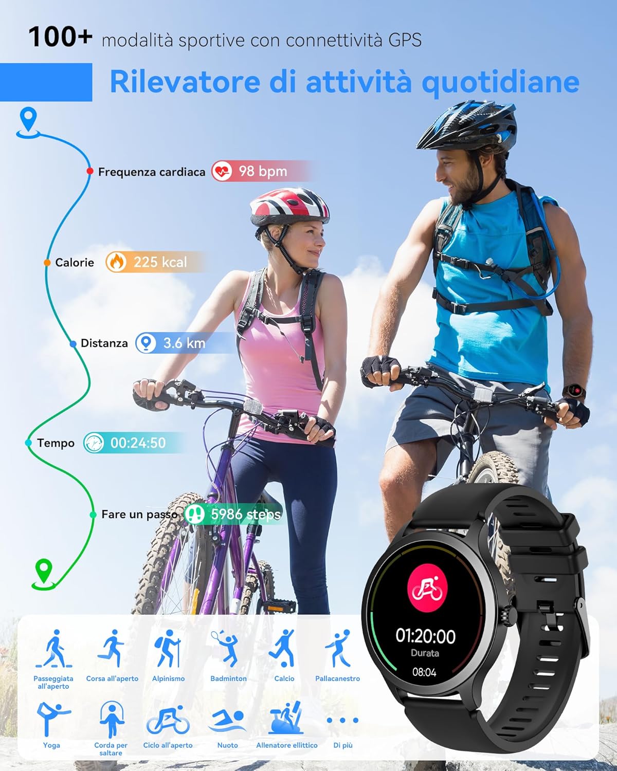 Smartwatch Uomo Donna 1.3" Rotondo Orologio Chiamata e Risposta Fitness Tracker con Contapassi Cardiofrequenzimetro SpO2 Sonno,100 modalità Sport, Impermeabile IP68 Smart Watch per Android iOS Nero - Immagine 4