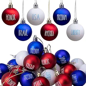 Deloky 24 PCS Independence Day Hanging Ball-1.57 Inch Memorial Day Letter Ball Ornaments-4th of July Red White Blue Tree Decorations for Patriotic Veterans Day Holiday Party Decorations