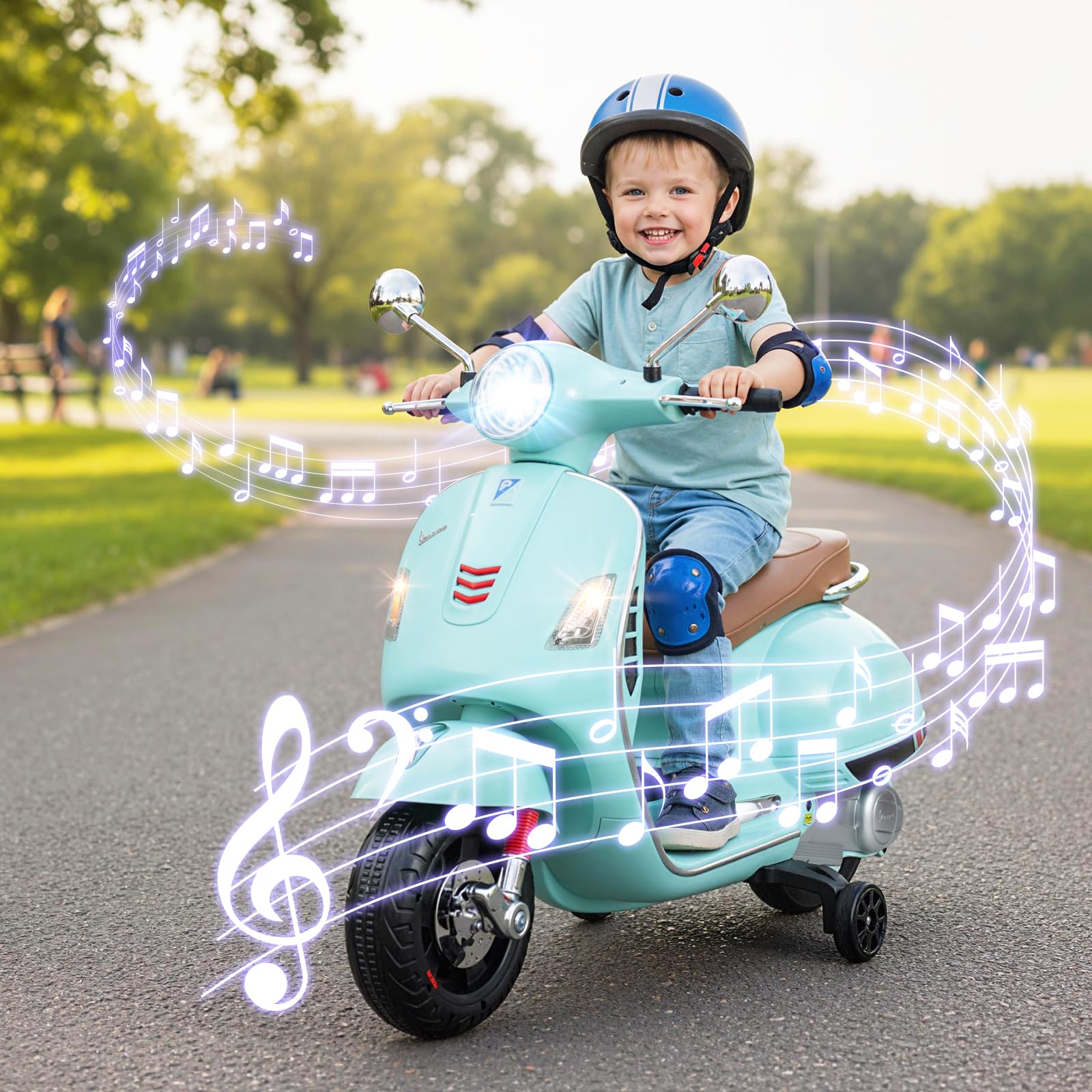 COSTWAY 12V Vespa Moto Électrique Enfant avec Musique Klaxon Histoires Phares LED, Voiture Électrique Enfant avec Roues d'Entraînement Amovibles et Pédale, 2-3 km/h, Charge 30 kg, 3-6 Ans (Vert)