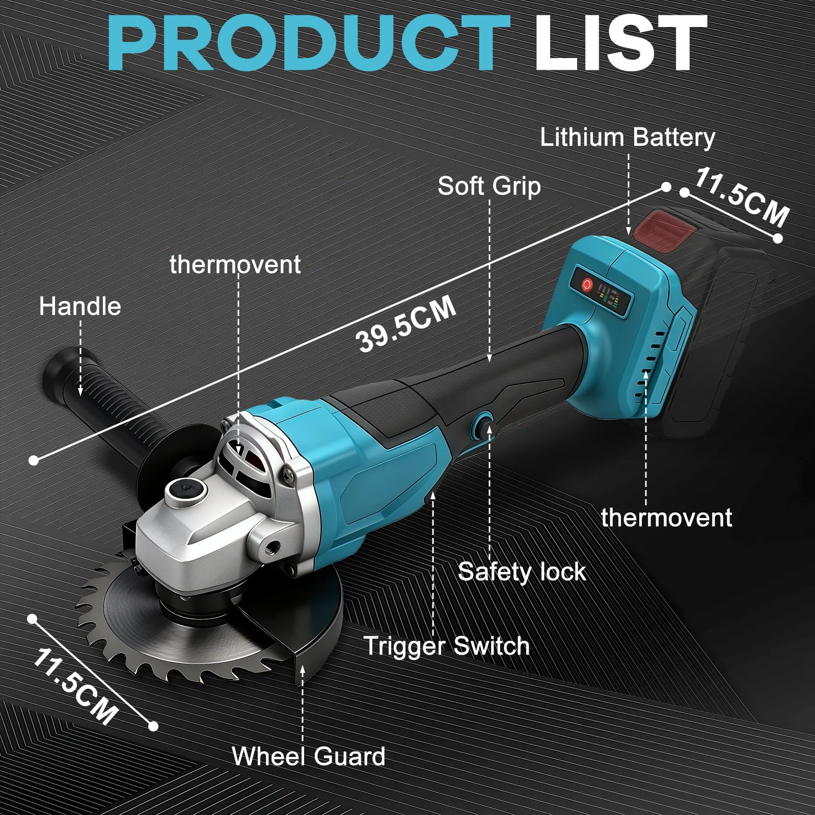 125mm Amoladora angular inalámbrica compatible con Makita 18V batería (sin bateríe), 900 W, 9000 rpm, amoladora angular sin escobillas con 3 velocidades, 12 discos, mango adicional y caja de plástico