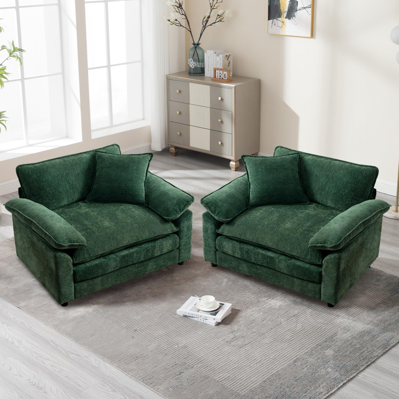 Linyuanwai Green Modern Oversized Chair Set of 2, Comfy Chenille Accent Chair Large Upholstered Armchair with Extra Thick and Deep Seat Lounge Chair