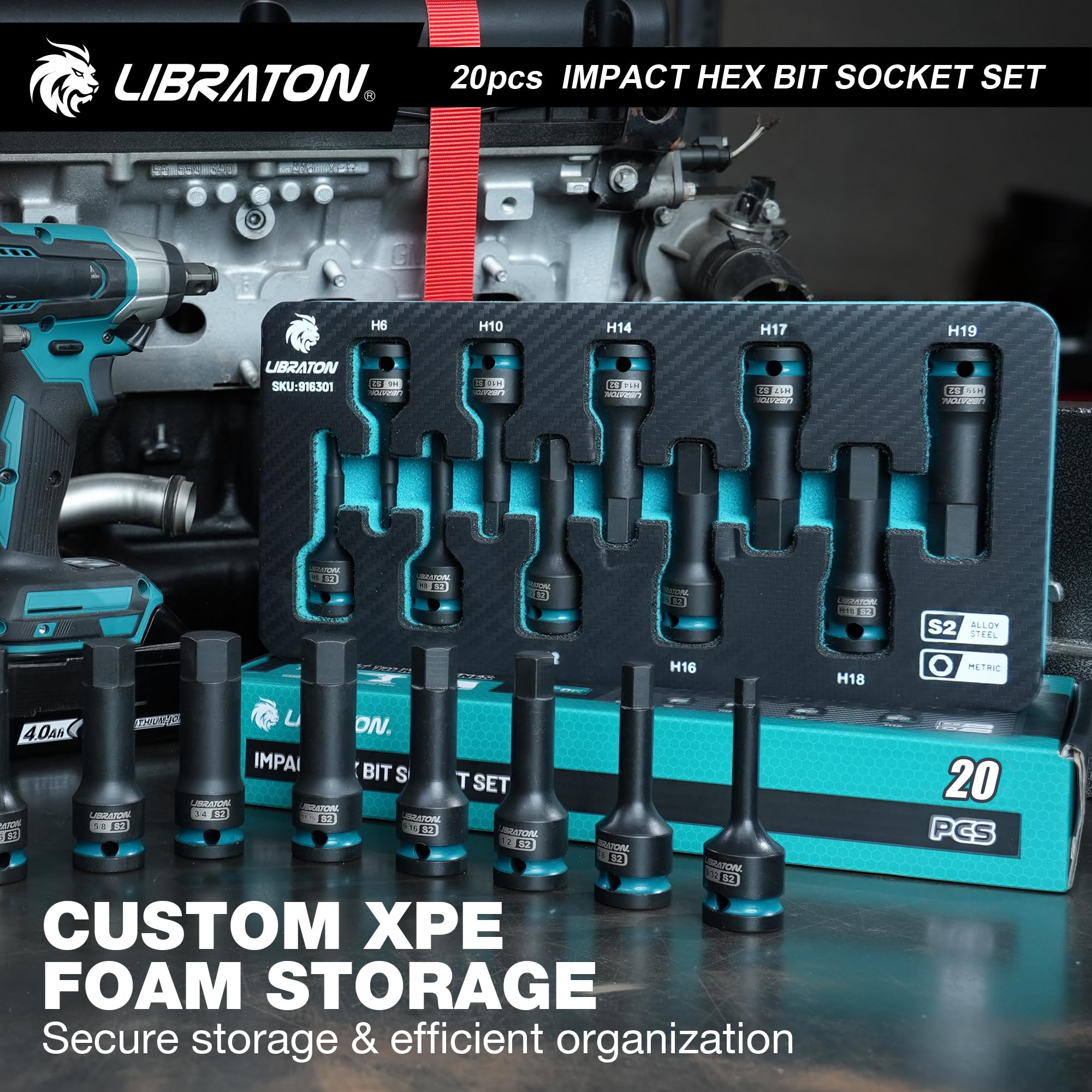 LIBRATON Schlag Hex Bit Steckschlüssel Set, 1/2" Kraft, S2-Stahl, 20-tlg Schlag-Sechskant-Bit-Steckschlüsselsatz, H5-H19, H1/4-H3/4, XPE-Aufbewahrung, Autoreparatur