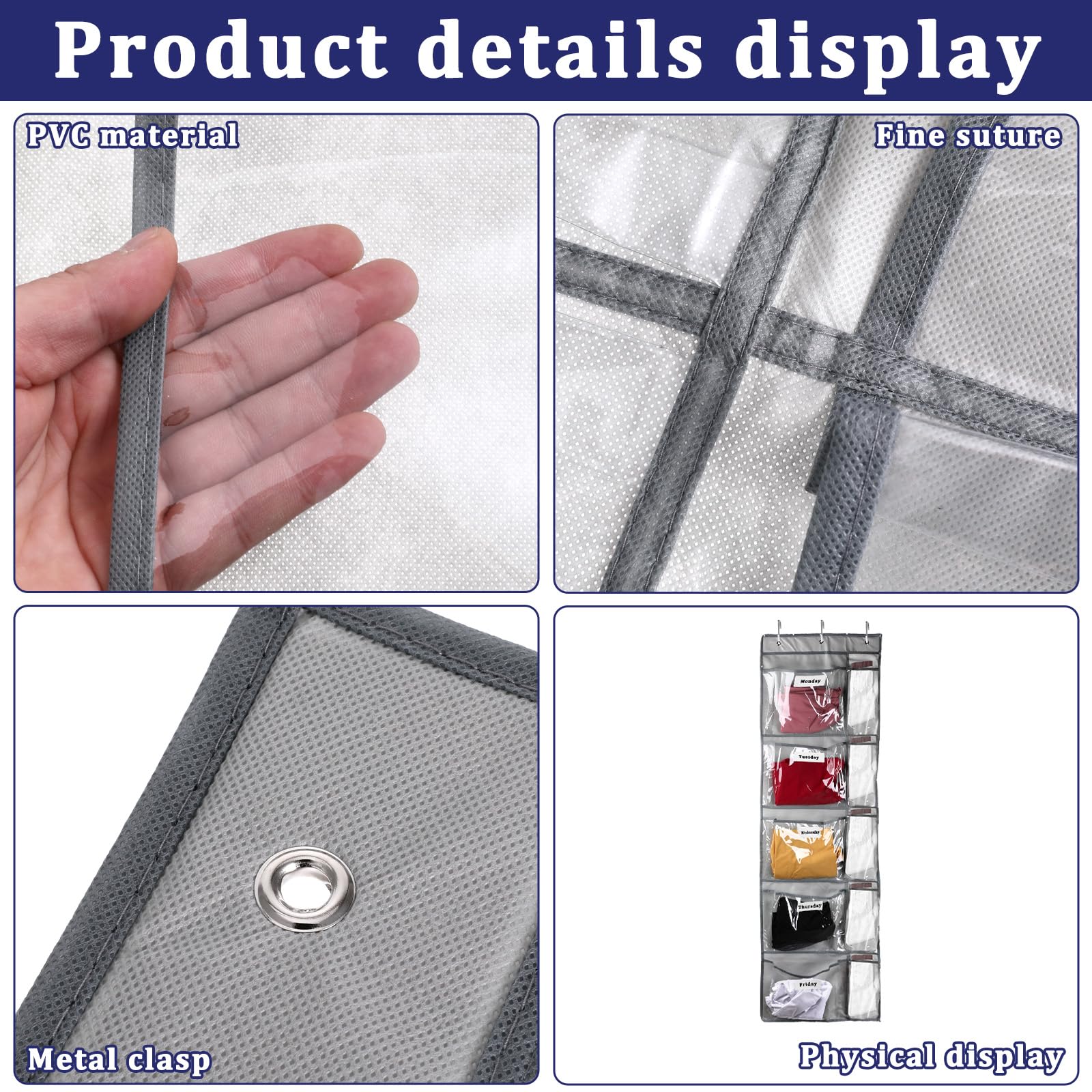 2 Pcs Weekly Clothes Organizer for Kids, 10 Pockets Transparent Hanging Days of the Week School Clothing Organizer with Stainless Steel Hook, Over the Door Closet for T-Shirt, Socks, Underwear - Grey