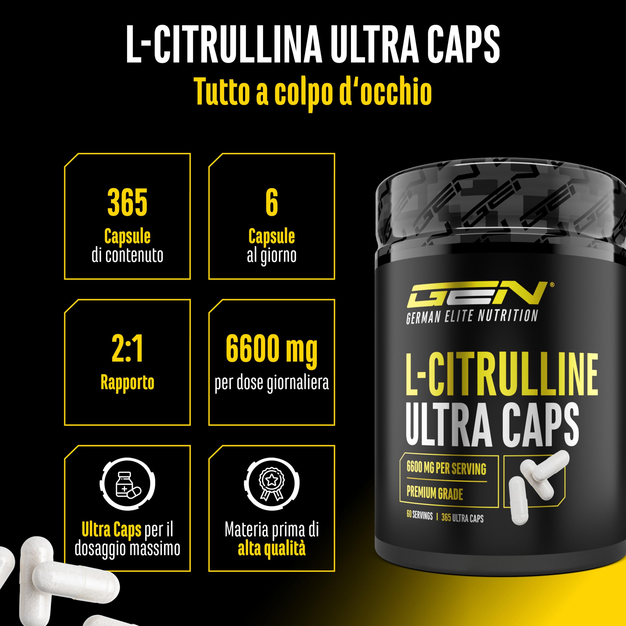 L-Citrullina Ultra Caps - 365 capsule - Alto dosaggio con 1100 mg per Capsula - L-Citrullina DL-malato 2:1 da fermentazione vegetale - Aminoacido premium