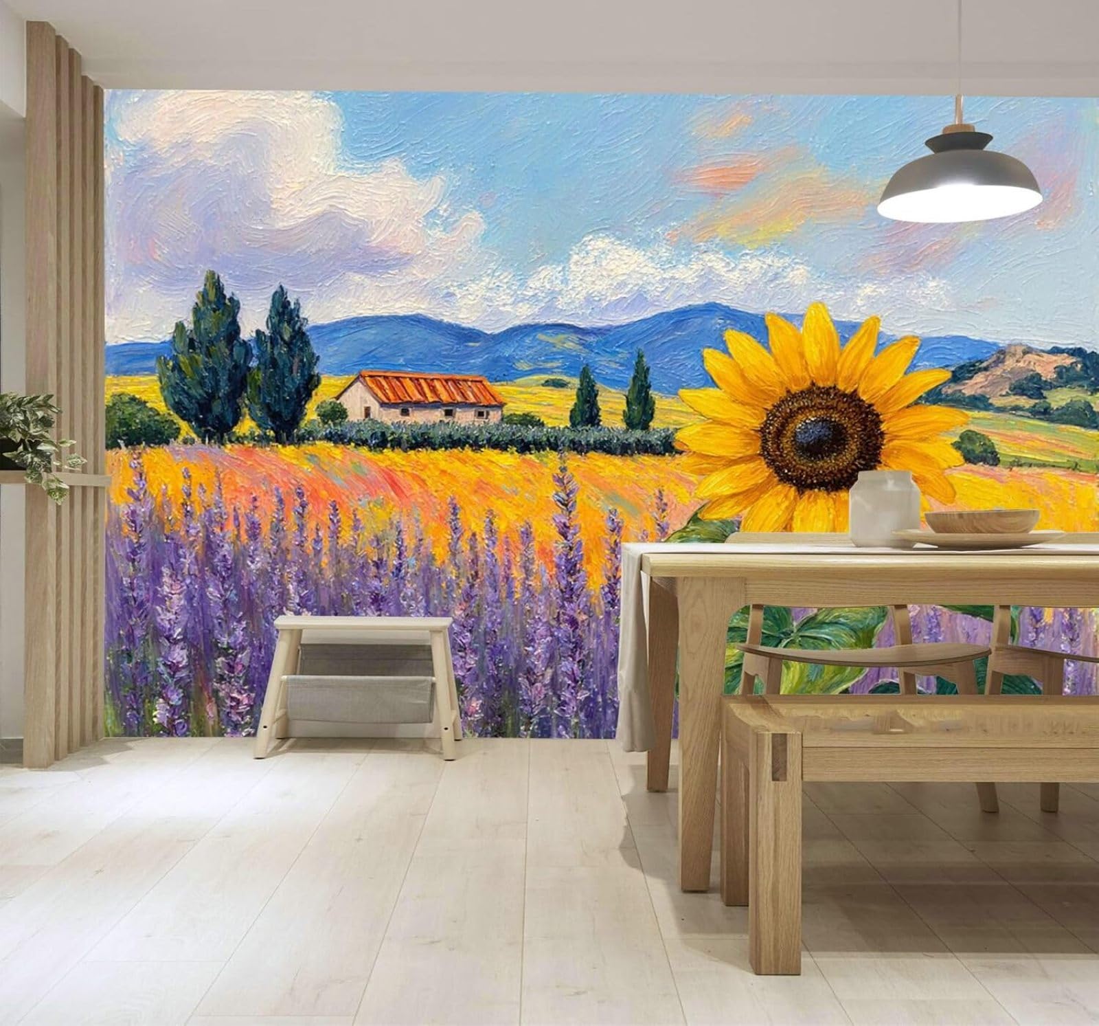 XLMING Sunflowers Lavender Fields A Country Cottage Mountain Scenery 3D Wallpaper Premium Textured Silk Study Dining Living Room Bedroom Sofa TV Wall Easy Install-400cm×280cm