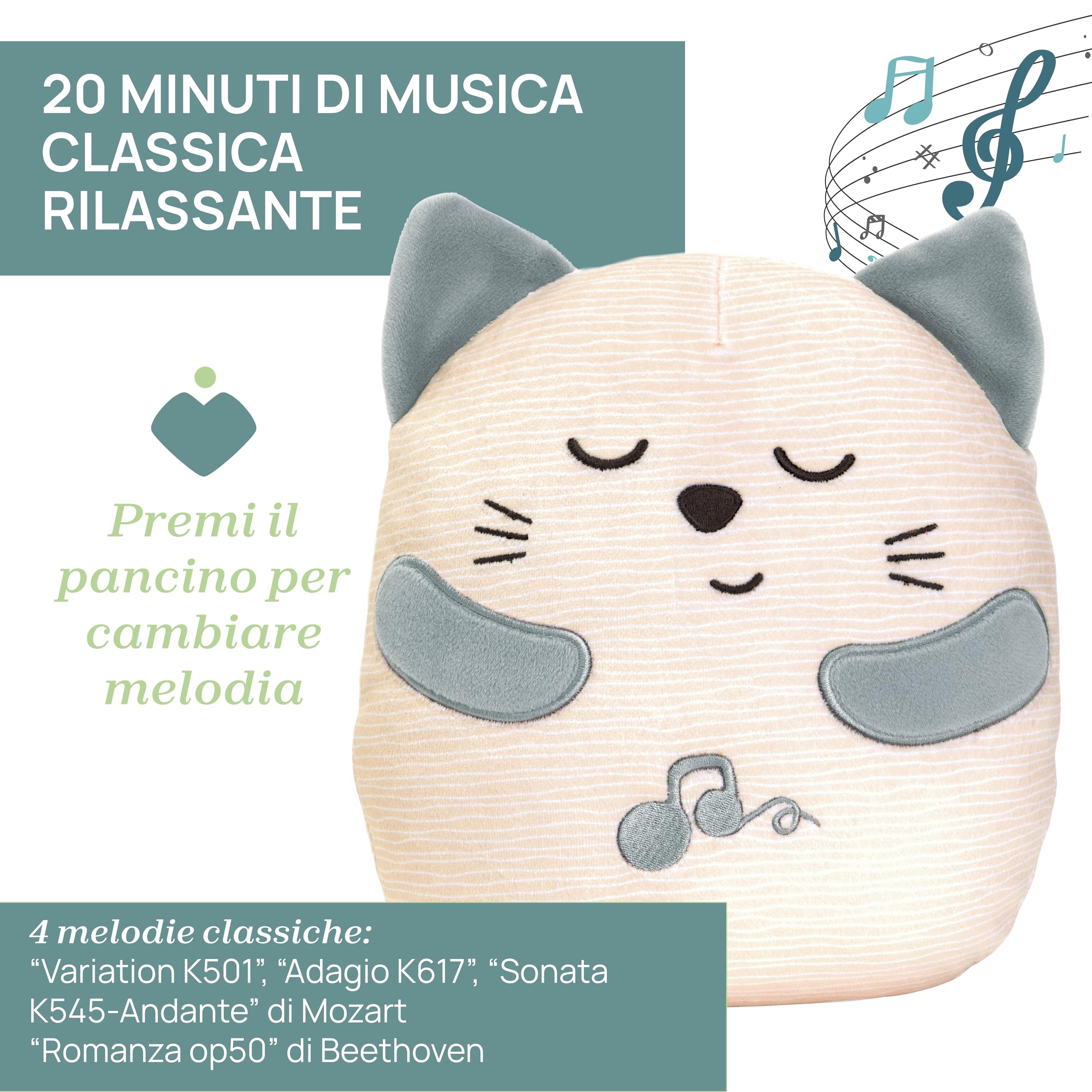 Chicco, Gatito Ronroneador, Peluche Electrónico Interactivo, Reproduce el Sonido y Las Vibraciones de los Ronroneos del Gato, Música Clásica, Tacto Suave, Lavable en Lavadora, Juguete Bebés +0 Meses