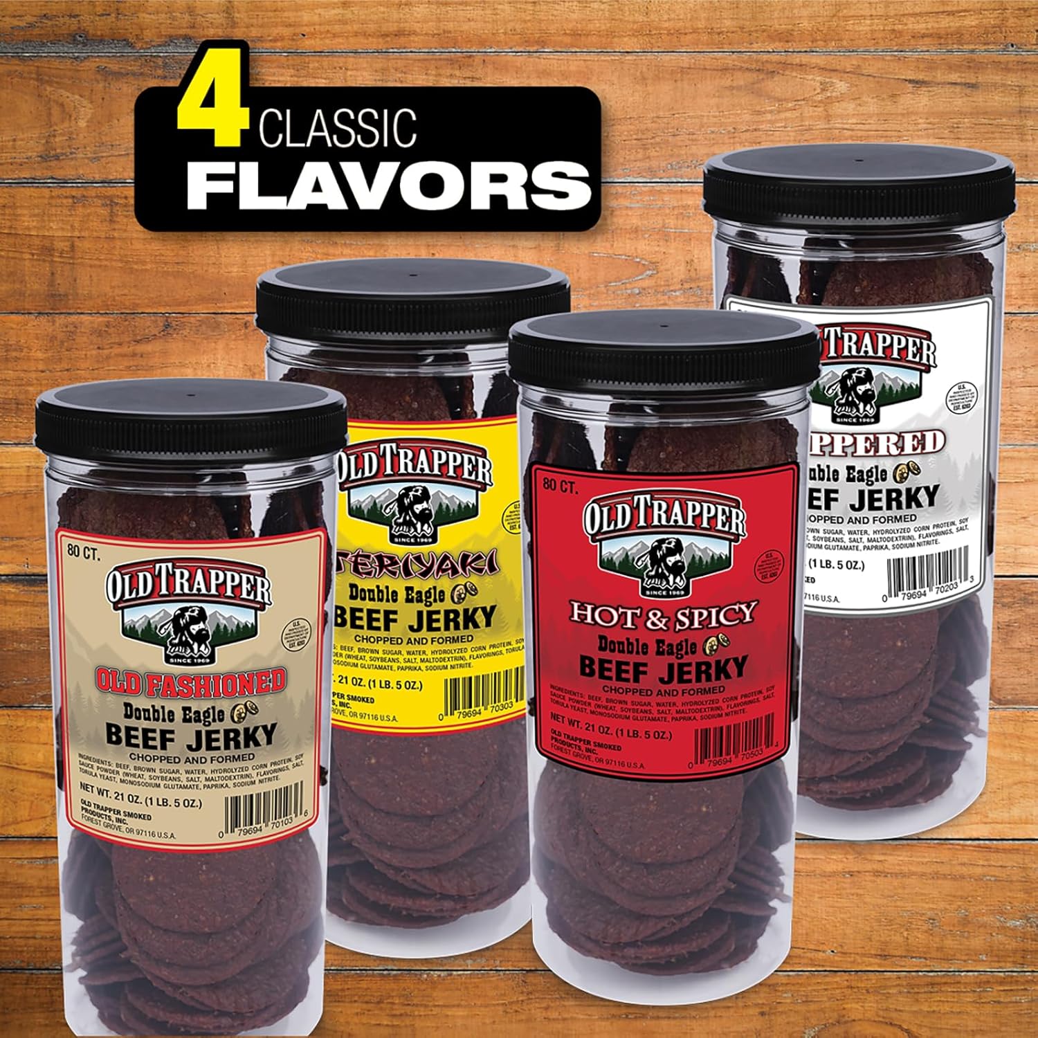 Old Trapper Double Eagle Beef Jerky, Teriyaki Flavor, 21oz. 80-Piece Jar, Natural Wood Smoked Meat Snacks, 10 Grams of Protein and 80 Calories per Serving (Pack of One)