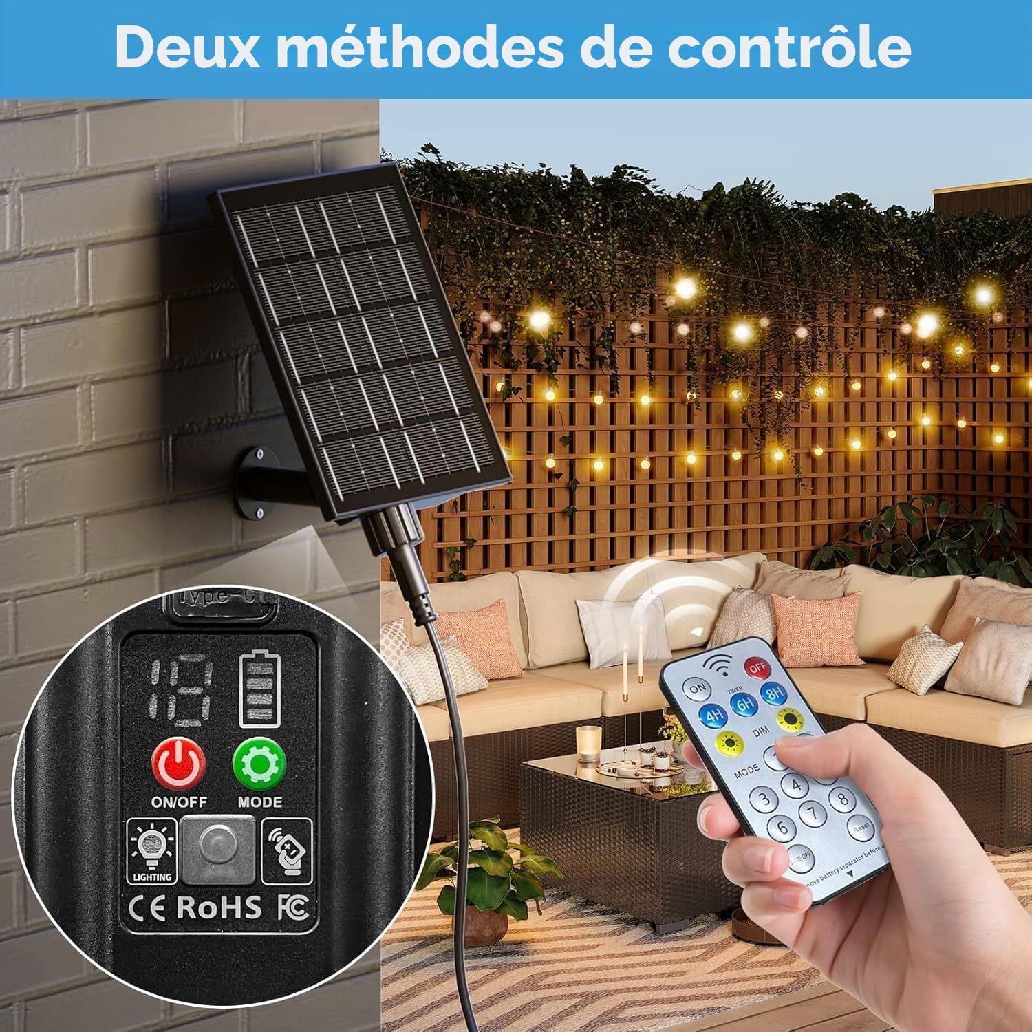 Guirlande Lumineuse Exterieure Solaire LED 20M avec 30 +2 Ampoules | Télécommande, 4 Modes, IP44 Étanche, pour Jardin, Terrasse, Balcon, Mariage et Décoration