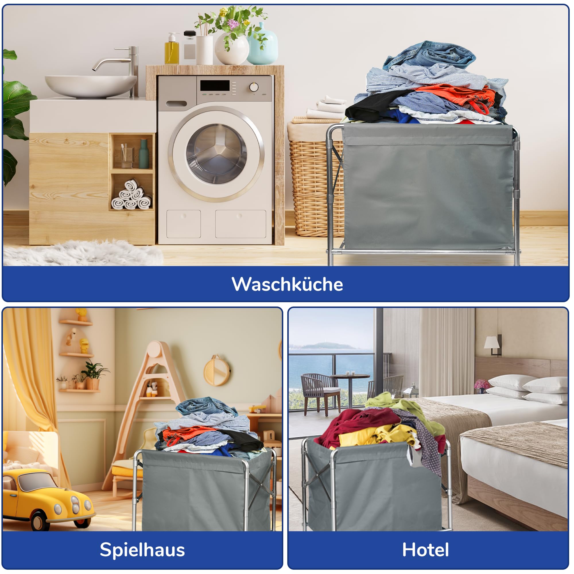 bimiti Carrello per la biancheria, in acciaio inox, con ruote, pieghevole, con portata di 100 kg, per la casa, hotel, 87 x 52 x 78 cm