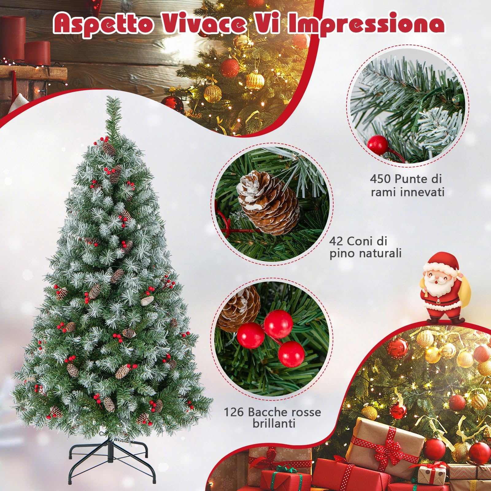RELAX4LIFE Albero di Natale 150/200CM, Albero di Natale Verde Innevato con 200/420 Luci, 42/69 Pigne e 126/207 Bacche Rosse, Rami Rorte, per Casa e Negozio (200cm)
