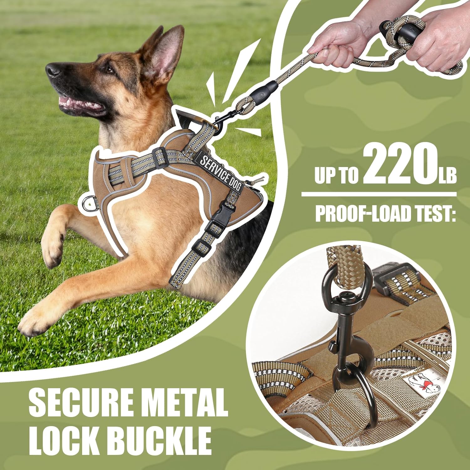 Service Dog Tactical Vest Harness and Leash Set Medium Sized Dog Emotional Support- Tactical Dog Harness Training Collar with Name (Khaki, L)