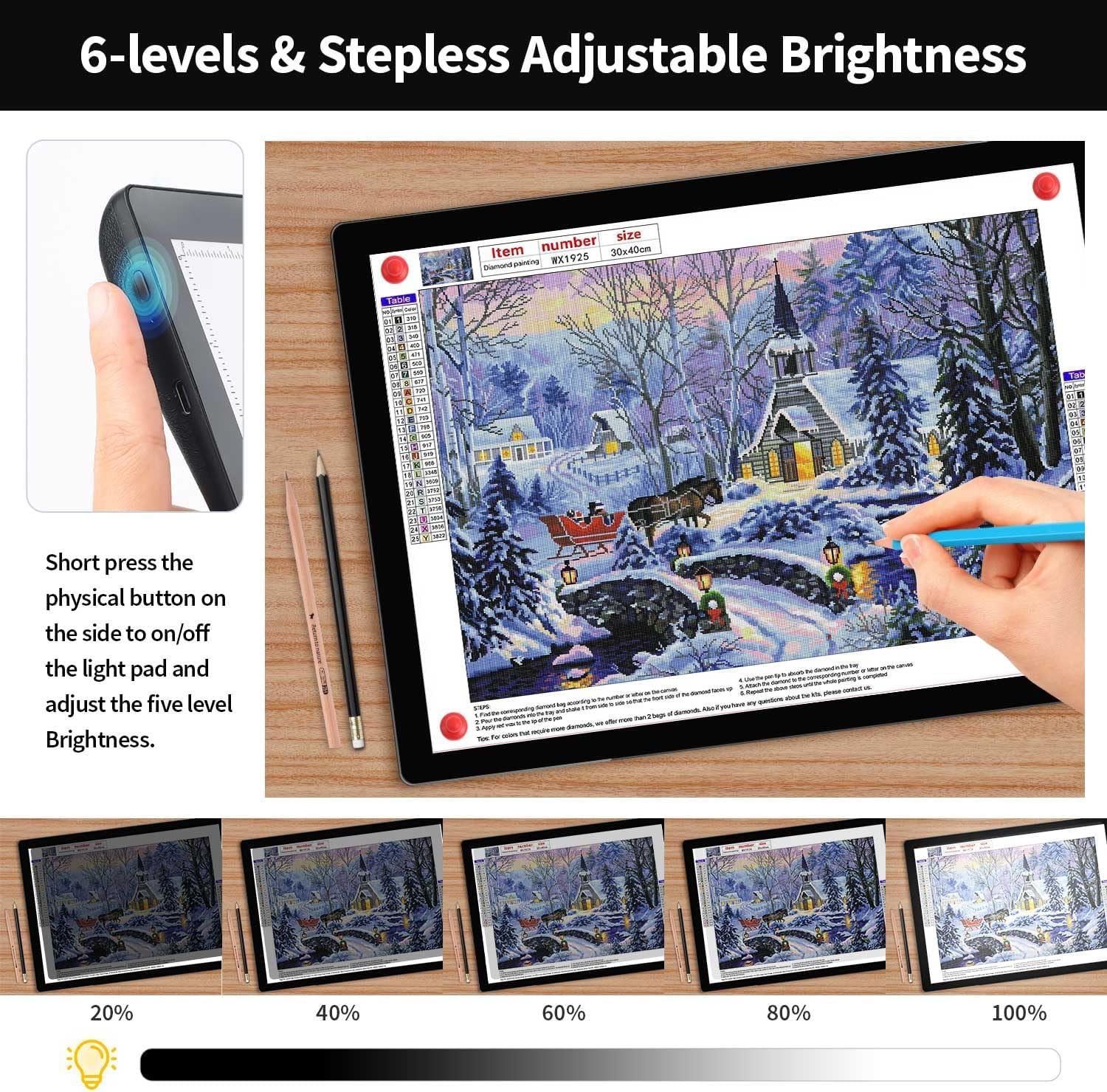 パッド入りケース付きのトレース用充電式A4ライトボックス、磁気ライトパッド内蔵2500mAHバッテリー、5段階の明るさライトテーブル