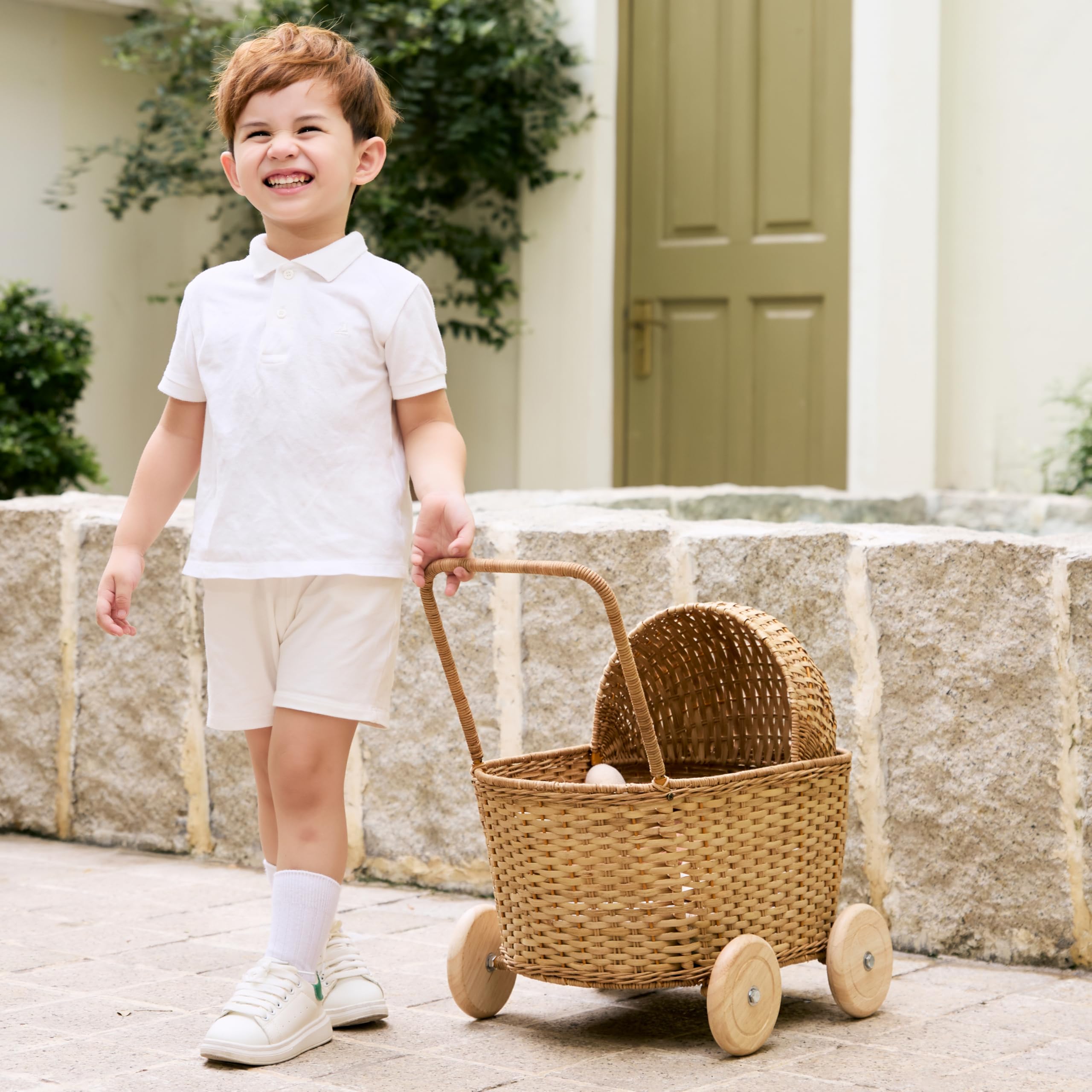 GON Stroller – 3 in 1 Rattan Puppenwagen, Einkaufwagen & Lauflernwagen für Kinder | Handgeflochtener Puppen-Buggy aus Naturmaterialien mit Kissen & Matratze | Holzpuppenwagen ab 1 Jahr - Natural