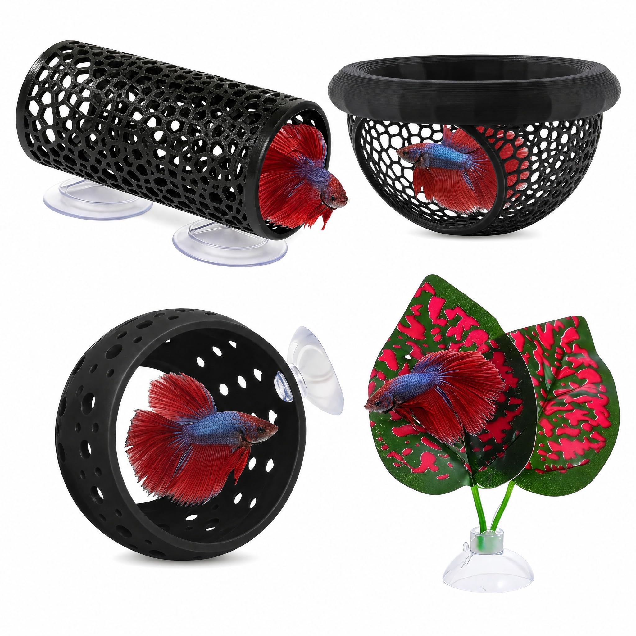 4 Pcs Betta Fish Accessories,Floating Betta Hammock​ Fish Tank Aquarium Decorations Tunnel Set Aquarium Hammock Accessories Cylinder Shape Round Shape Plant Style