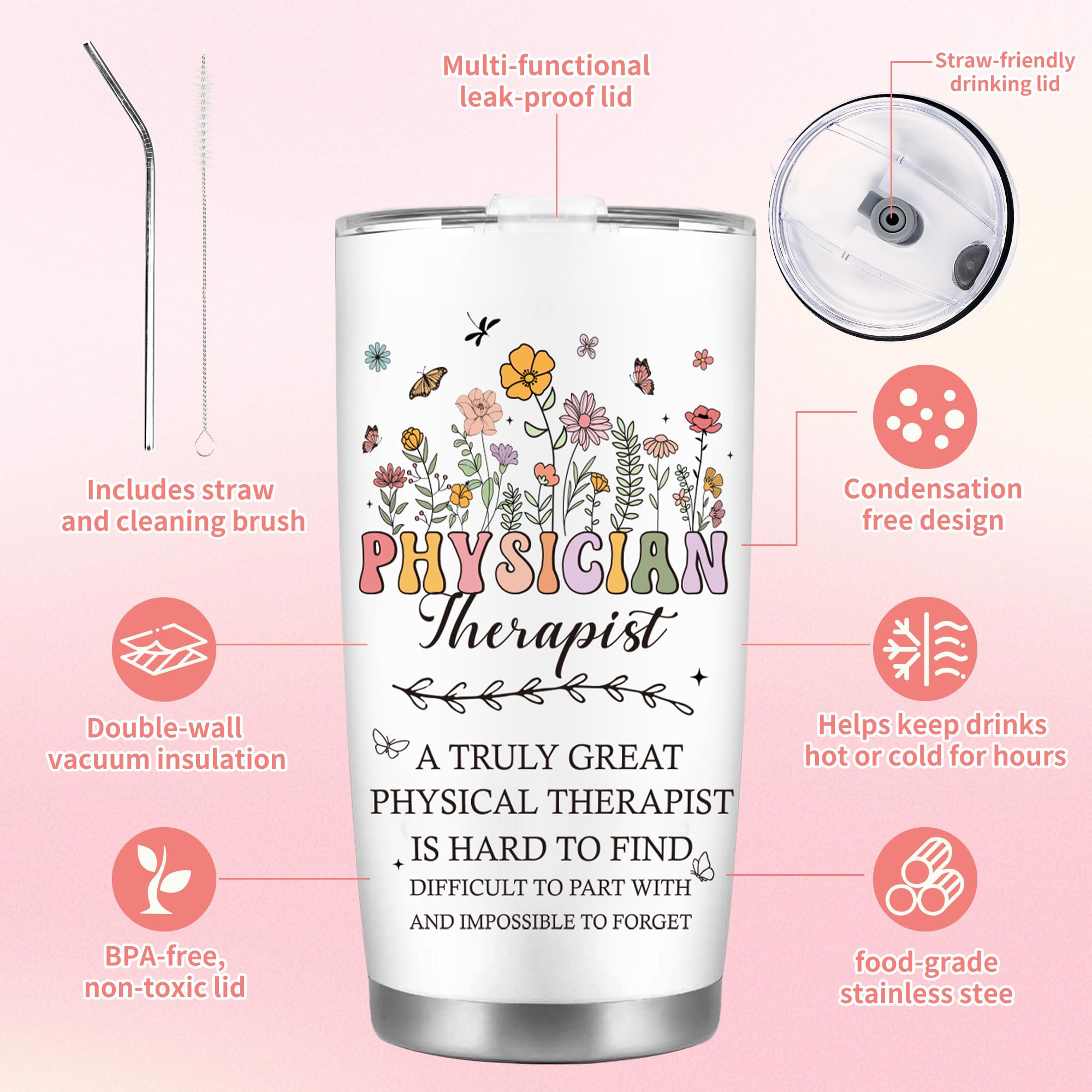 CRASHOT Physical Therapist Gifts for Women, Physical Therapist Appreciation Gift Set, Includes 20 oz Tumbler with Brush & Straw, Birthday Christmas Thanks Present