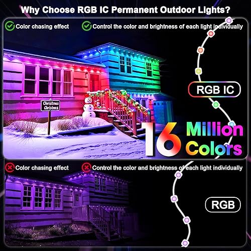 Miniatura 7 de Luces permanentes para exteriores de 50 pies, luces inteligentes RGB+IC con control remoto de aplicación, color LED individual, luz blanca y