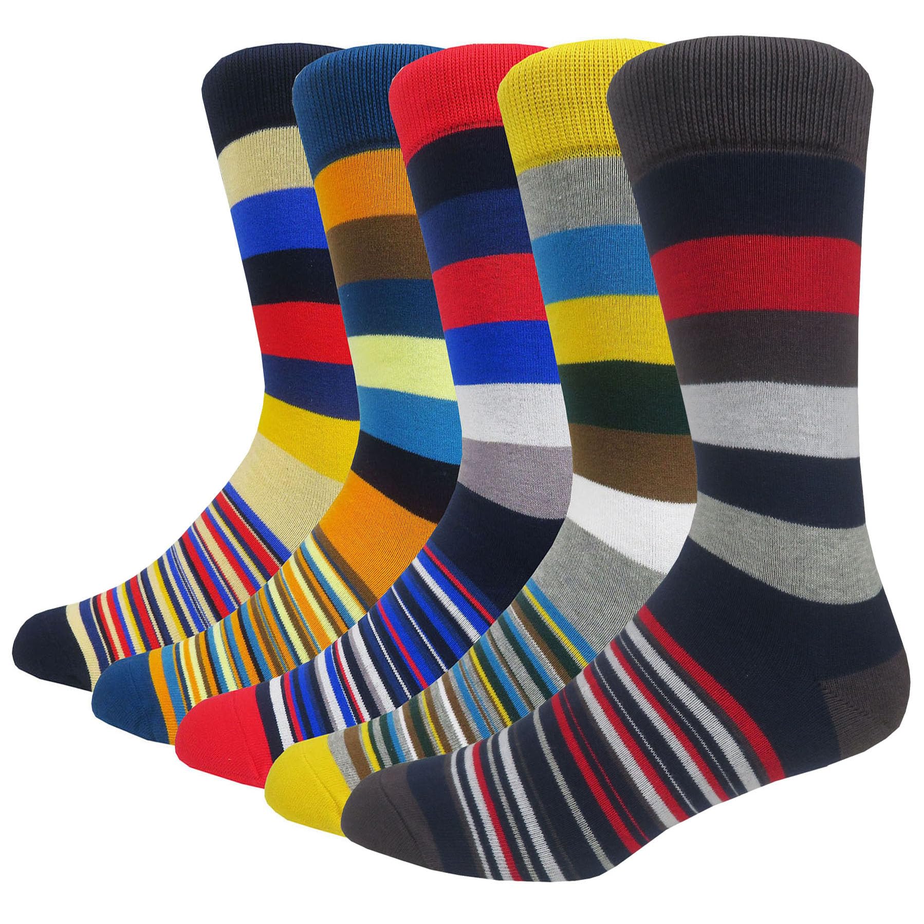 Hiwear Men's Stripe9-5 Pack Socks- Colorful Funky Novelty Design Rich Cotton, Comfort Dress Calf Socks Multipack (Uk, Alpha, One Size, Regular, Regular, )