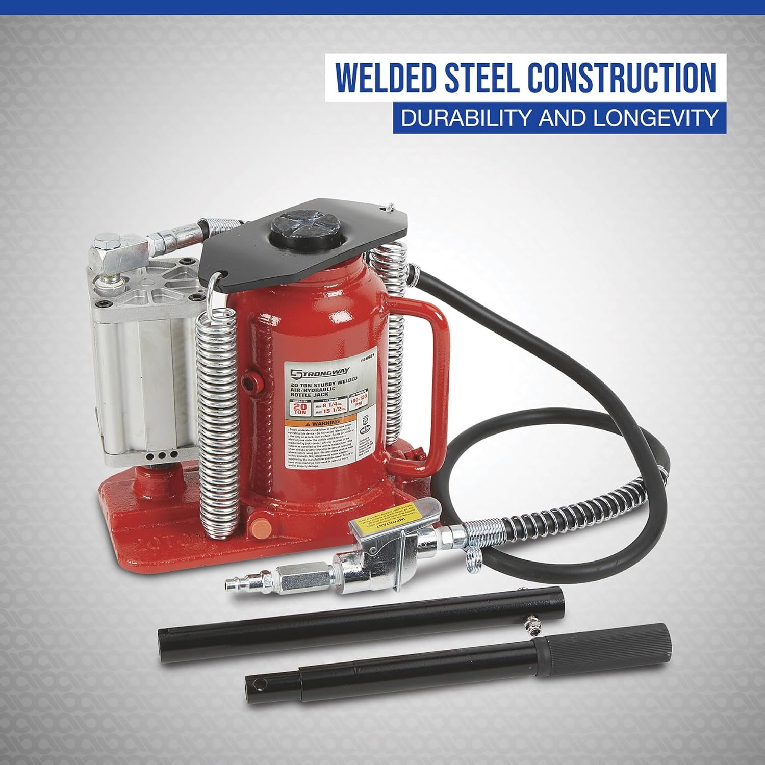 Strongway 20-Ton Air/Hybrid Short Bottle Jack with 'Welded Steel Construction' text overlay