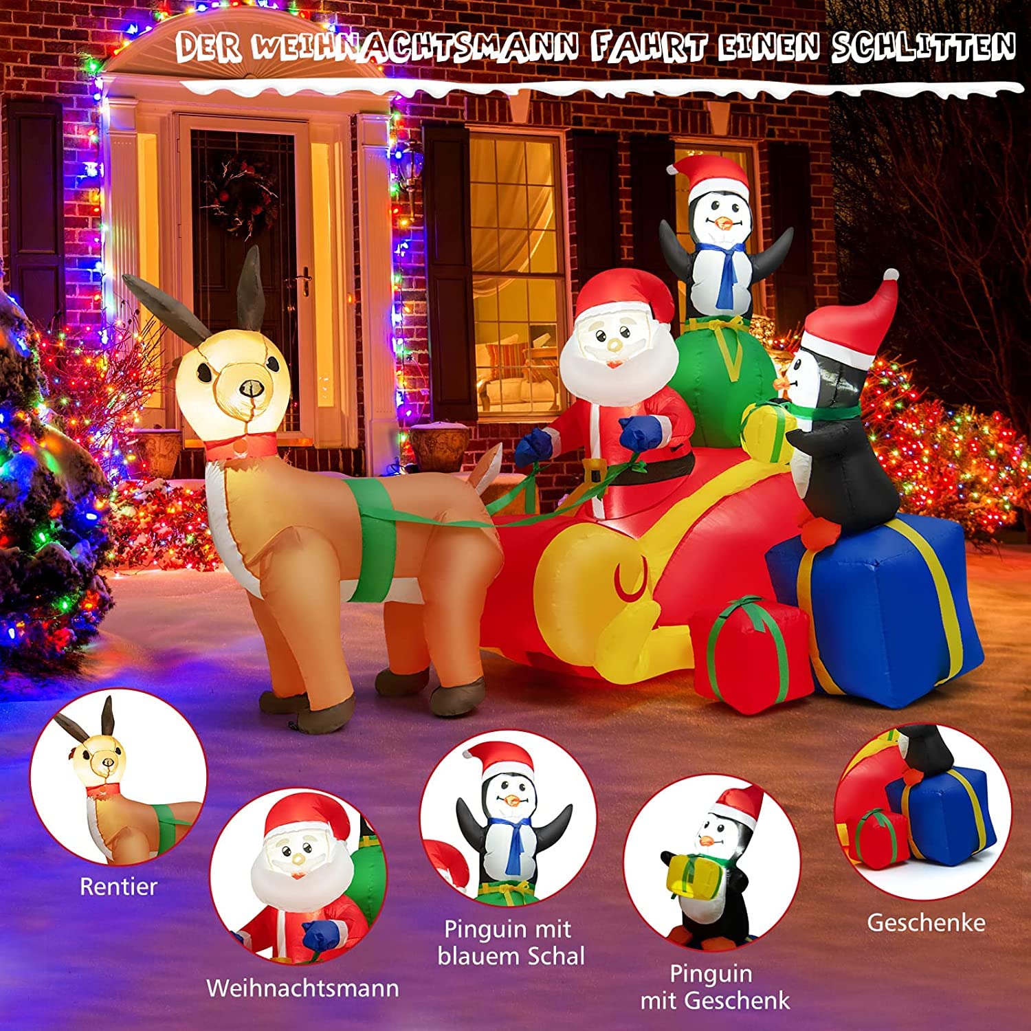 COSTWAY Aufblasbarer Weihnachtsmann mit Schlitten, LED Weihnachtsdekoration mit 2 Pinguinen, Geschenkboxen, Winterdekoration Weihnachtsbeleuchtung für Hof, Rasen, Garten, Party, Selbstaufblasend