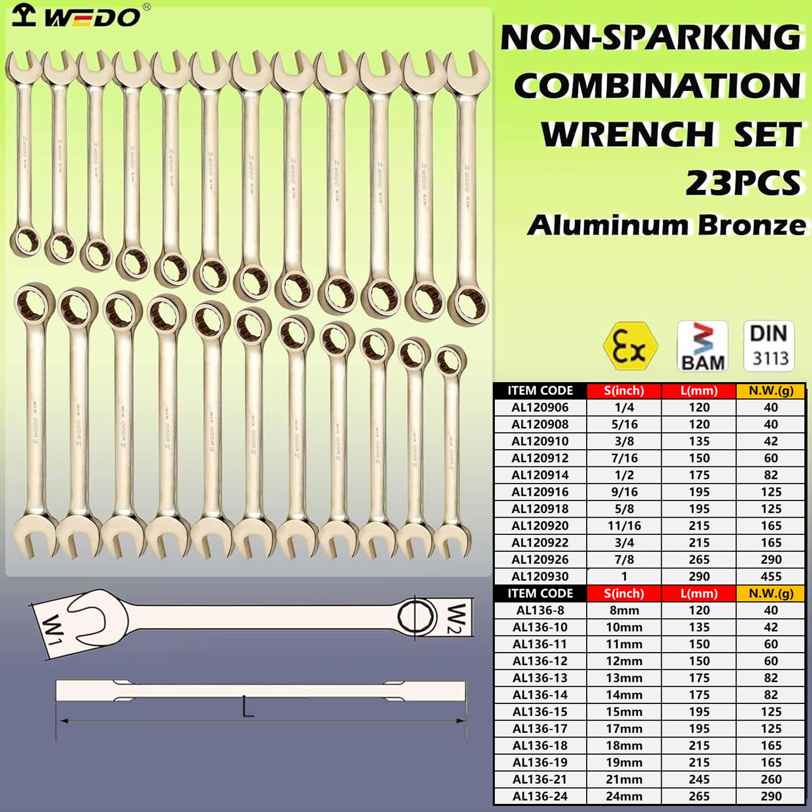 WEDO Zestaw kluczy płasko-oczkowych nieiskrzących, SAE 1/10.2 cm do 2.5 cm, metryczny 8 mm do 24 mm, 12-punktowy design, aluminiowy brąz, odporność na korozję, certyfikat BAM i FM
