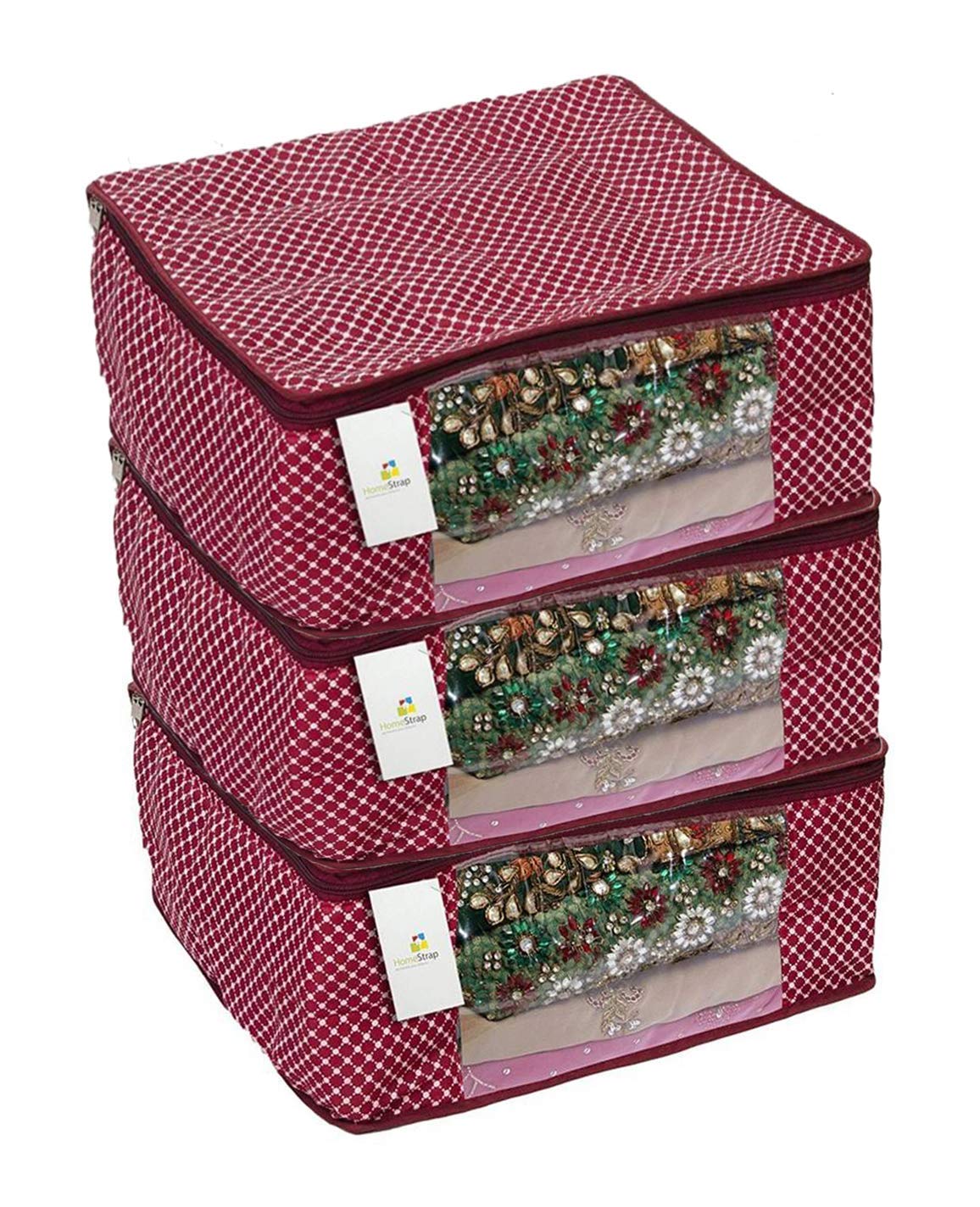 Homestrap Cotton Quilted Large Saree Cover Bag/Wardrobe Organiser with Transparent Window - Maroon - Pack Of 3