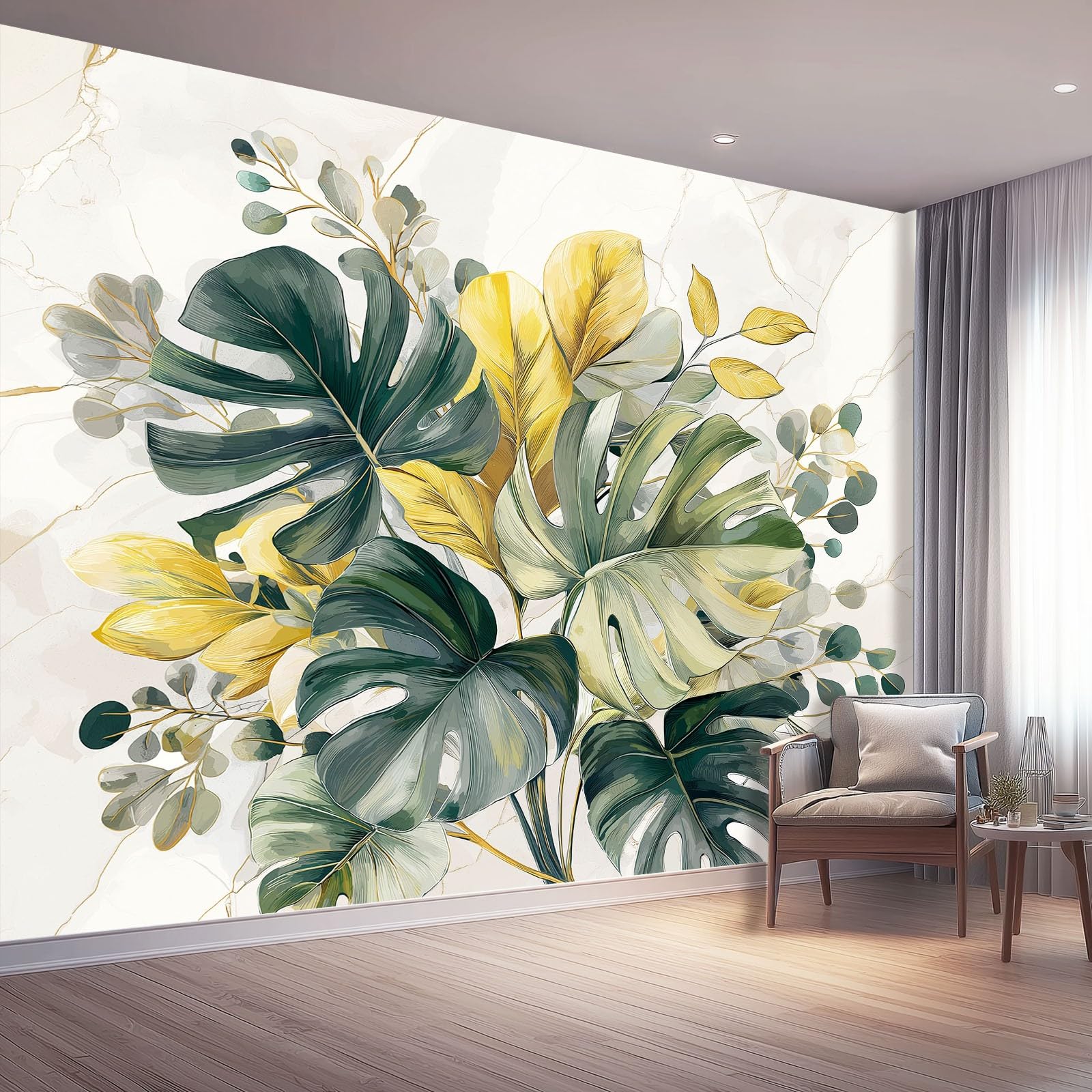 Tapeta 3D włóknina liście 400 x 280 cm styl akwarela botaniczna tapeta dekoracja ścienna do salonu sypialnia żółta zielona