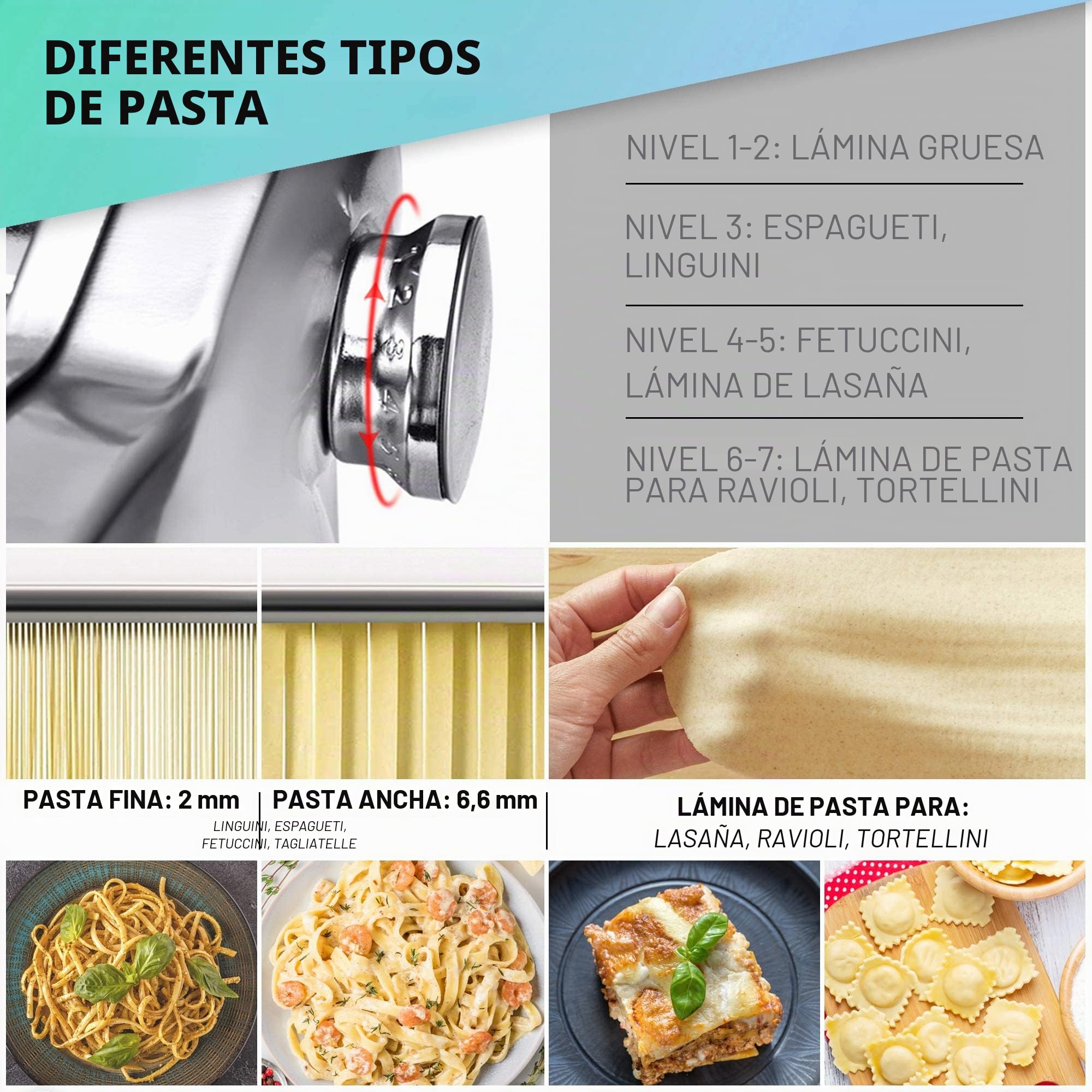 VeoHome Máquina manual de pasta con secador, acero inoxidable, herramienta versátil con grosor ajustable, laminador y manivela - fideos frescos caseros, espagueti, lasaña