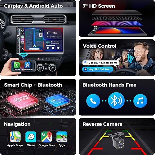 Miniatura 3 de Estéreo de auto doble DIN con pantalla táctil HD de 7 pulgadas, Apple Carplay inalámbrico y Android Auto, Bluetooth, 240W, SWC, salida de subwoofer,