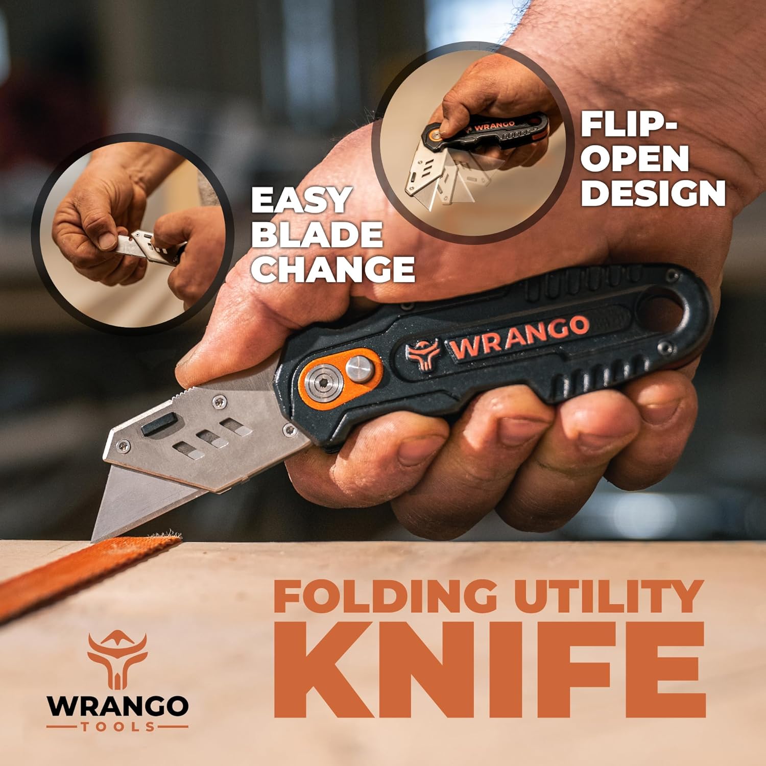 WRANGO TOOLS Folding Utility Knife - Flip Open Design - Heavy Duty Fixed Folding With 10 Blades, Blade Dispenser, Thumb Rest & Belt Clip - Work Knife For Carpenters