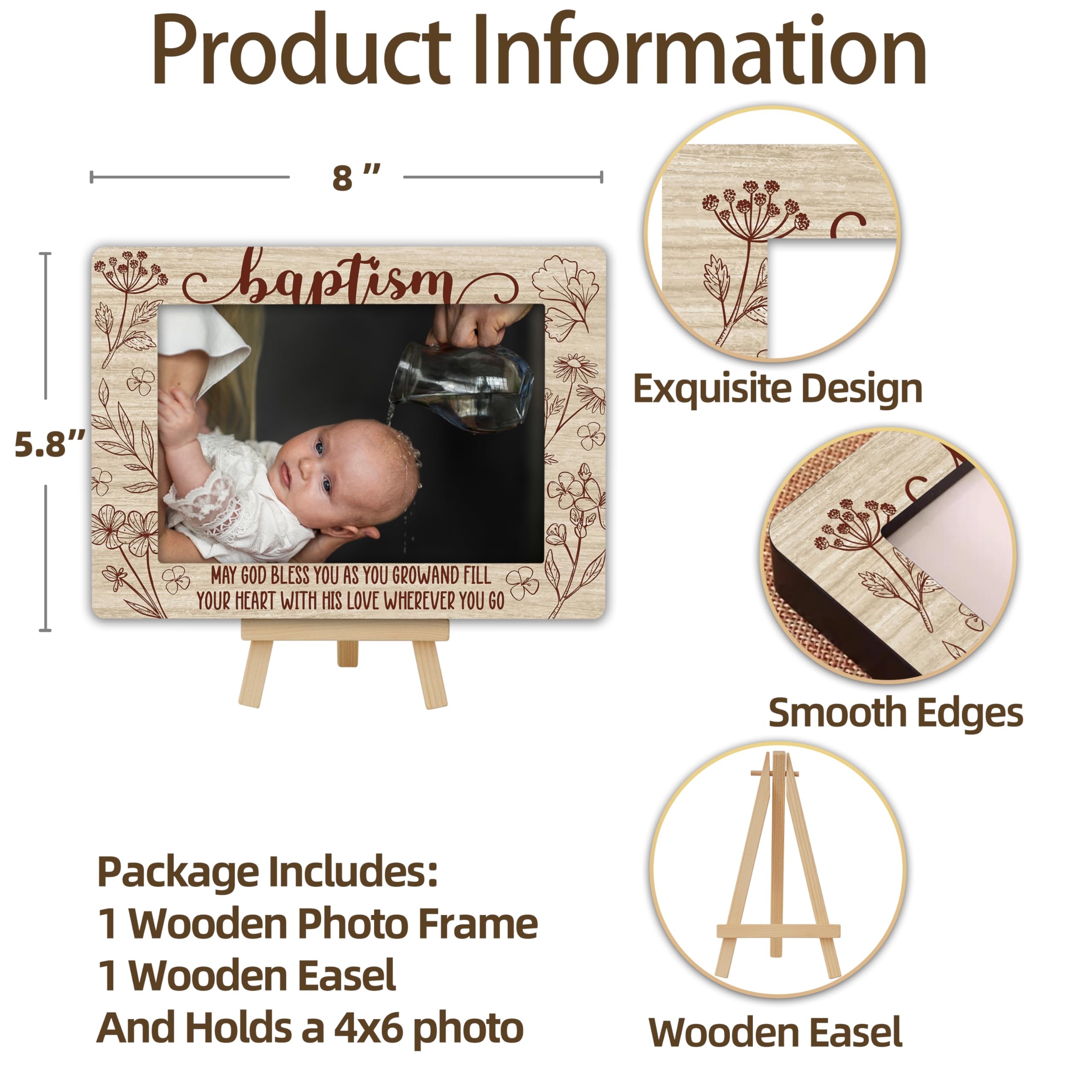 OXRUN Baptism Picture Frame, Blessings Baptism Gifts from Godparents, 4x6 Wooden Photo Frame with Easel, New Baby Christening Religious Gifts - A02