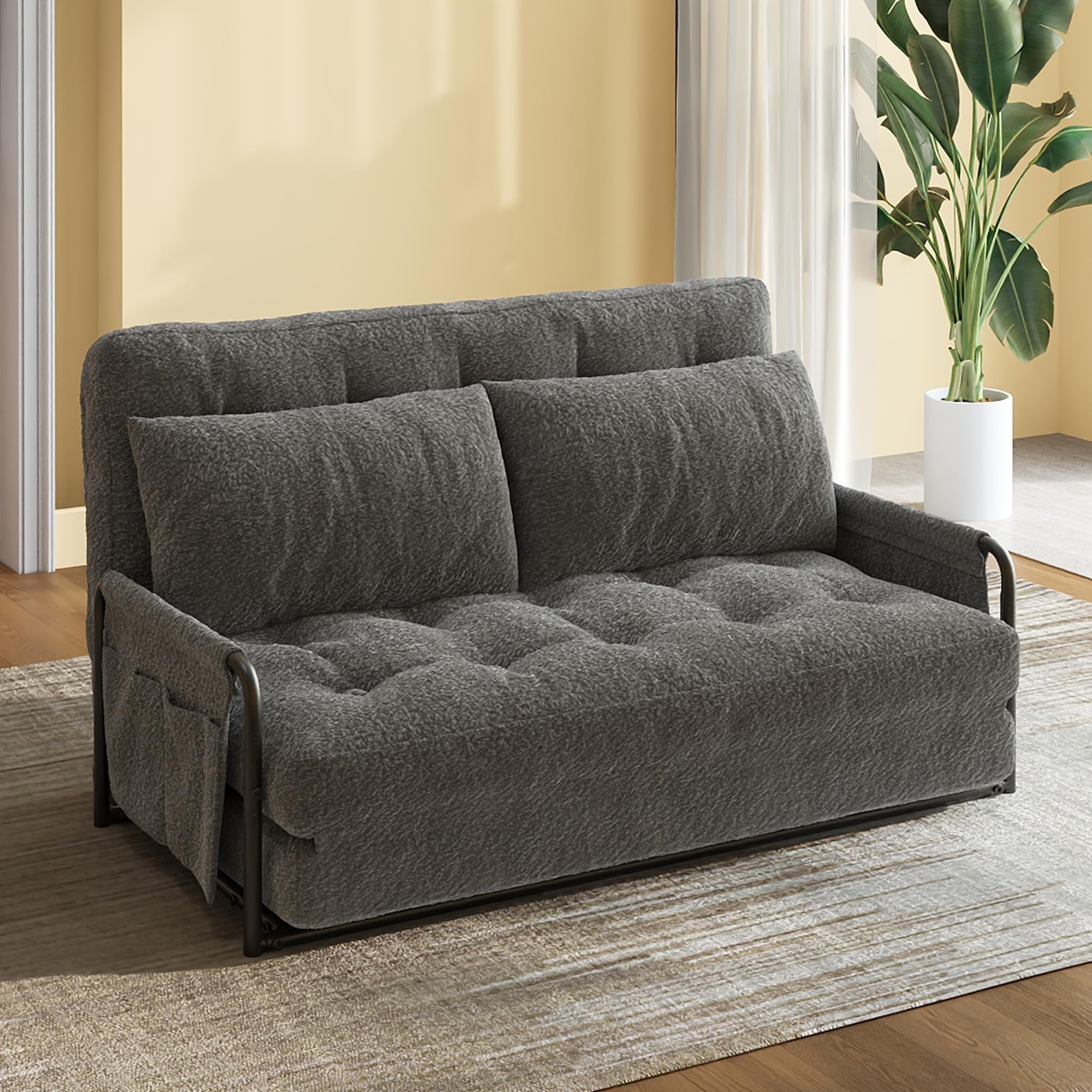 WLIVE Futon Sofa Bed, Floor Chair with Adjustable Backrest, Bean Bag Bed for Adults, with Armrest, Pillow, Low Profile for Living Room, Reading, Bedroom, Loveseat, Grey
