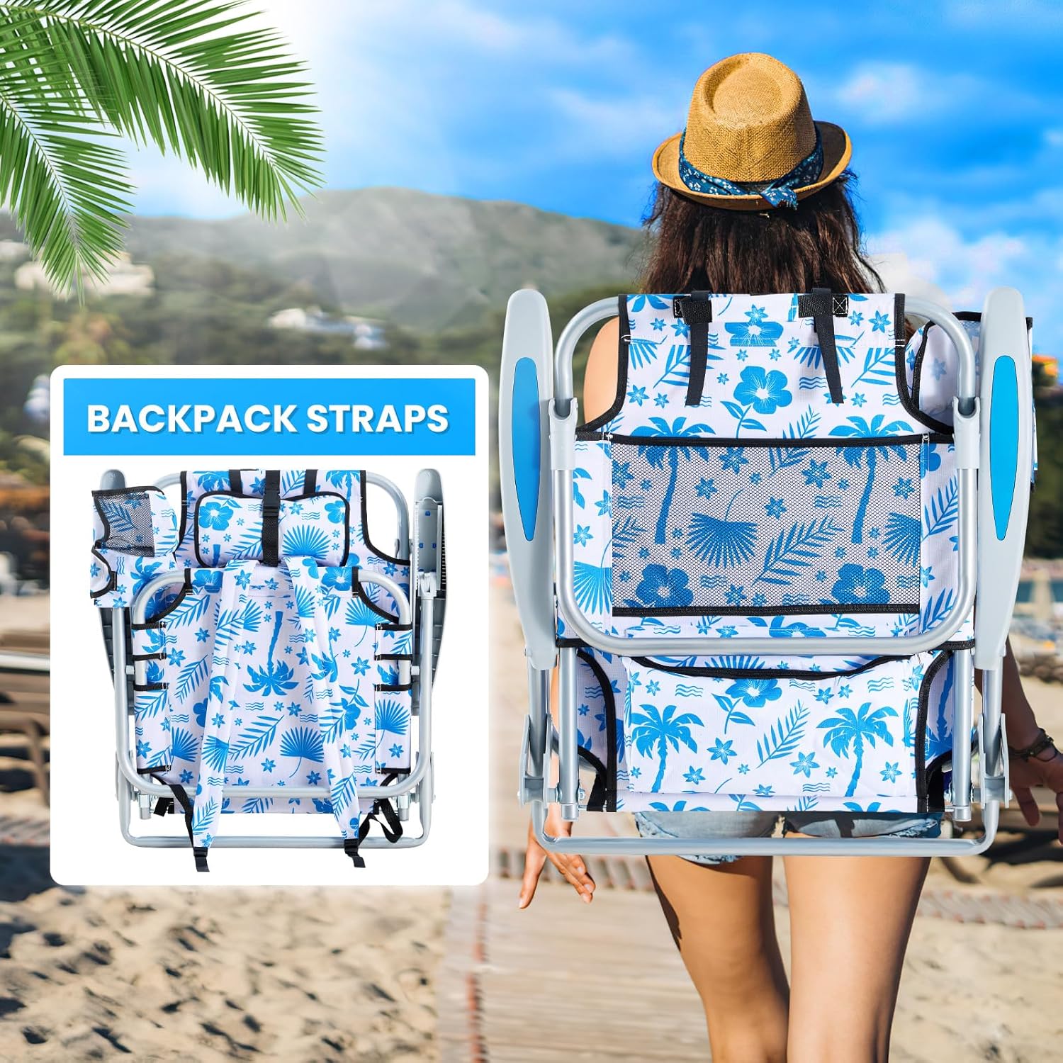 2 Pack Lightweight Portable Camping Beach Chair for Adults, Outdoor Lay Flat Folding Beach Chairs with 5 Positions, Backpack Beach Chair with Towe, Zipper Pouch, Cup Holder, Blue Coconut Tree - Image 4