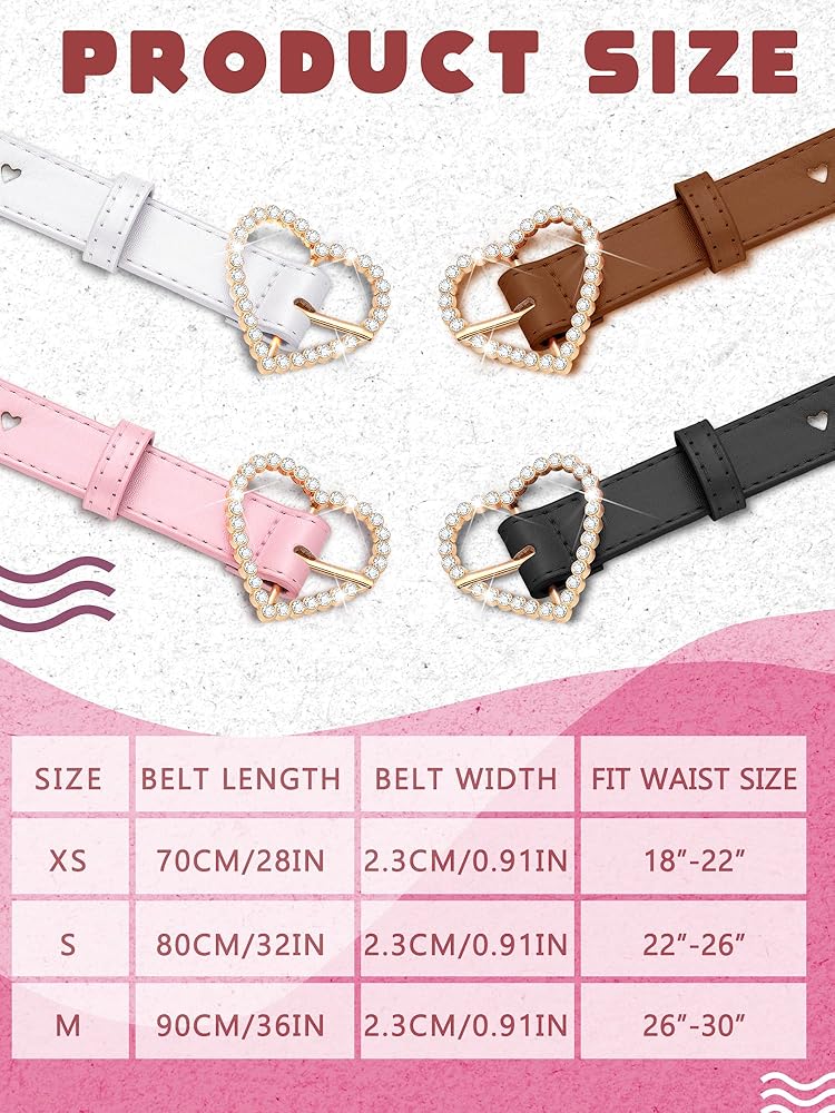 Newcotte 4 Pcs Girls Belt Kids Leather Waist Belt Rhinestone Heart