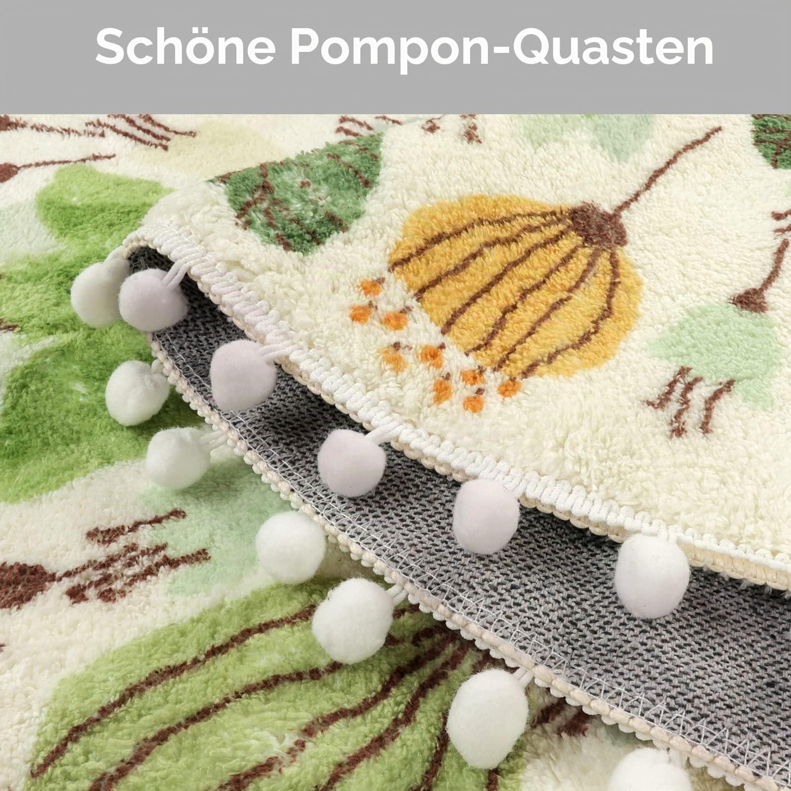 Uphome Runder Teppich, kleine Badematte mit Pompon-Borte, florales Pflanzendesign, waschbar, weich, rutschfest, für Dusche, Waschbecken, Gästebad, Babyzimmer, Schlafzimmer, Tisch, Grün, 61 cm