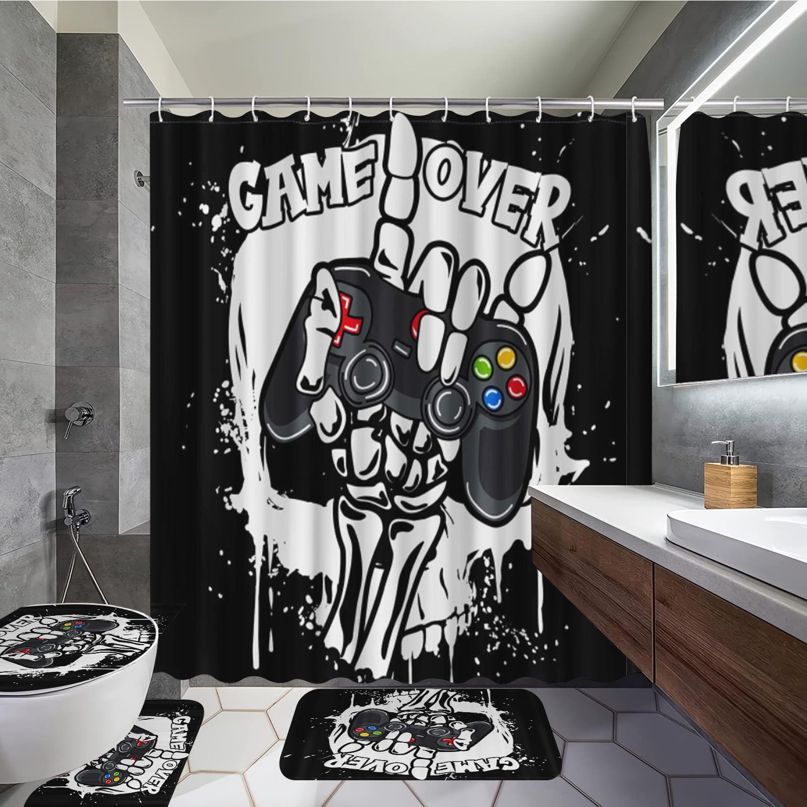 Gaming Controller Duschvorhang, Gaming-Duschvorhang-Set Gaming Duschvorhang 180x200 Gamer GamingTextil Duschvorhänge Badezimmerteppich 4-teiliges Set (4,200 x 200 cm)