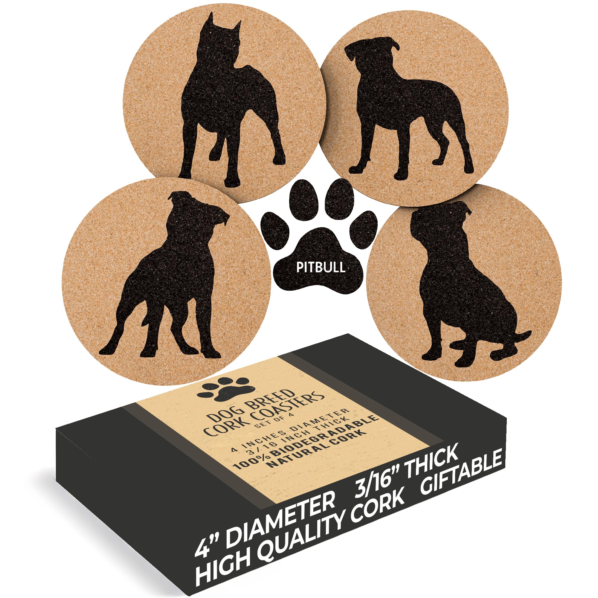 Pitbull Lovers Cork Drink Coasters - Set of 4 Dog Coasters with Protective Bottom