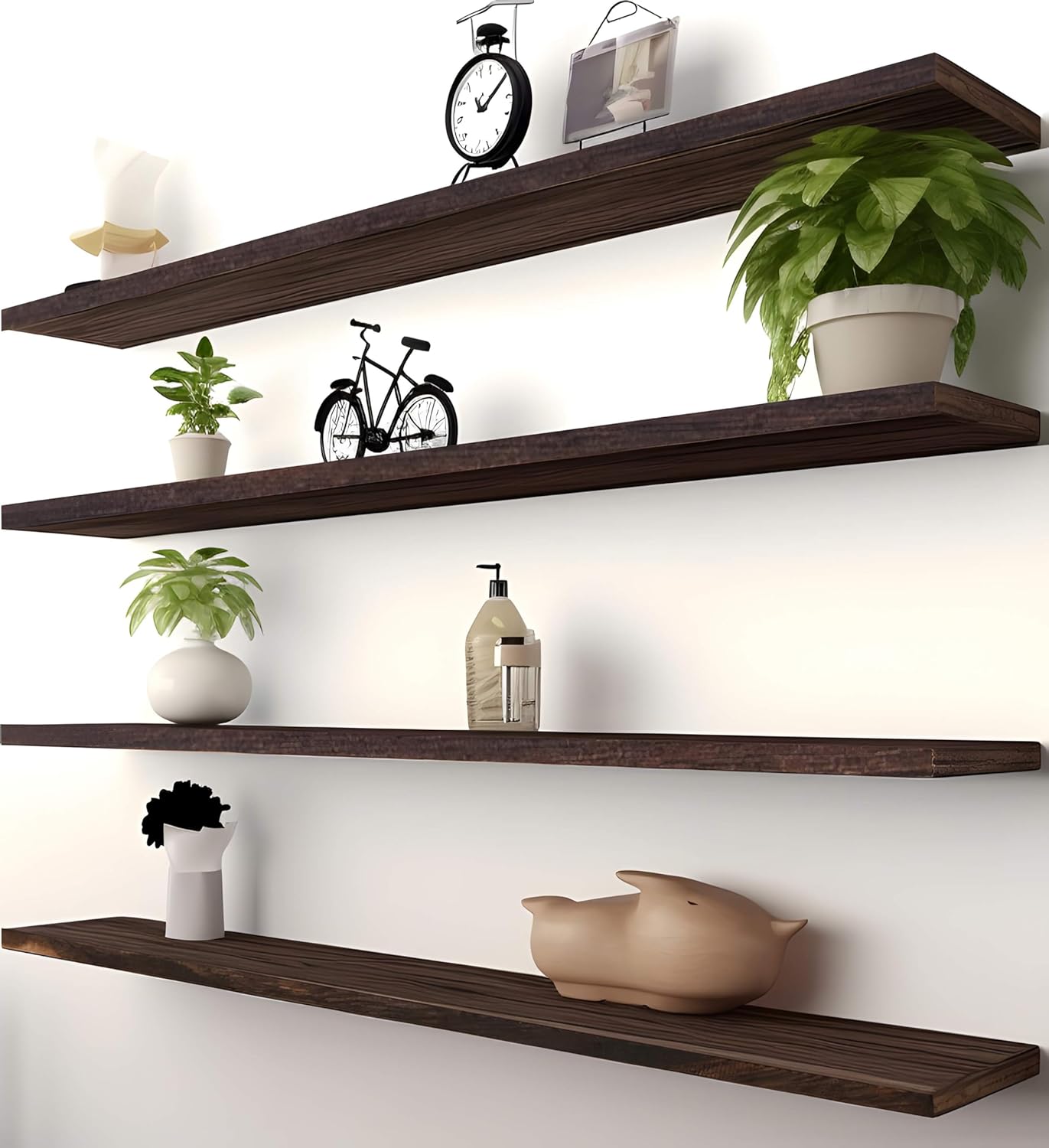 PHPH 36 Inch Wood Floating Shelves for Wall, Wooden Wall Shelves for Bedroom, Set of 4 Brown Dark Wood 36in