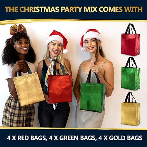 Miniatura 4 de Nush Nush Bolsas de regalo de Navidad de tamaño mediano, juego de 12 bolsas de Navidad reutilizables para regalos (4 colores rojo, verde y dorado),