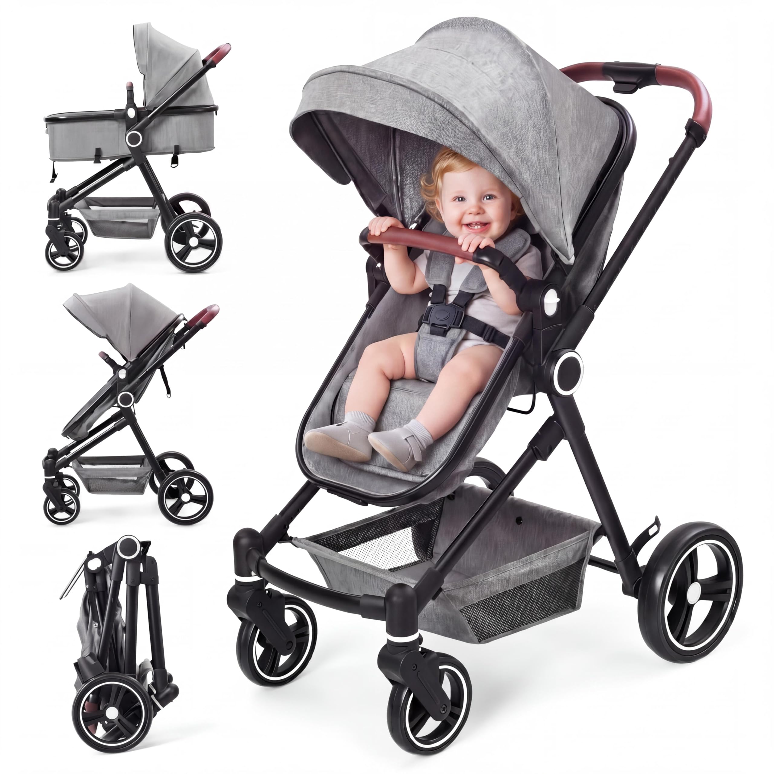 Poussette 2 En 1, Poussette Combinée Compacte Légère Pliable Avec Siège Inclinable, Landau Réglable, Poussette Bébé Confort Tout Terrain Haut Paysage, 0-3 Ans