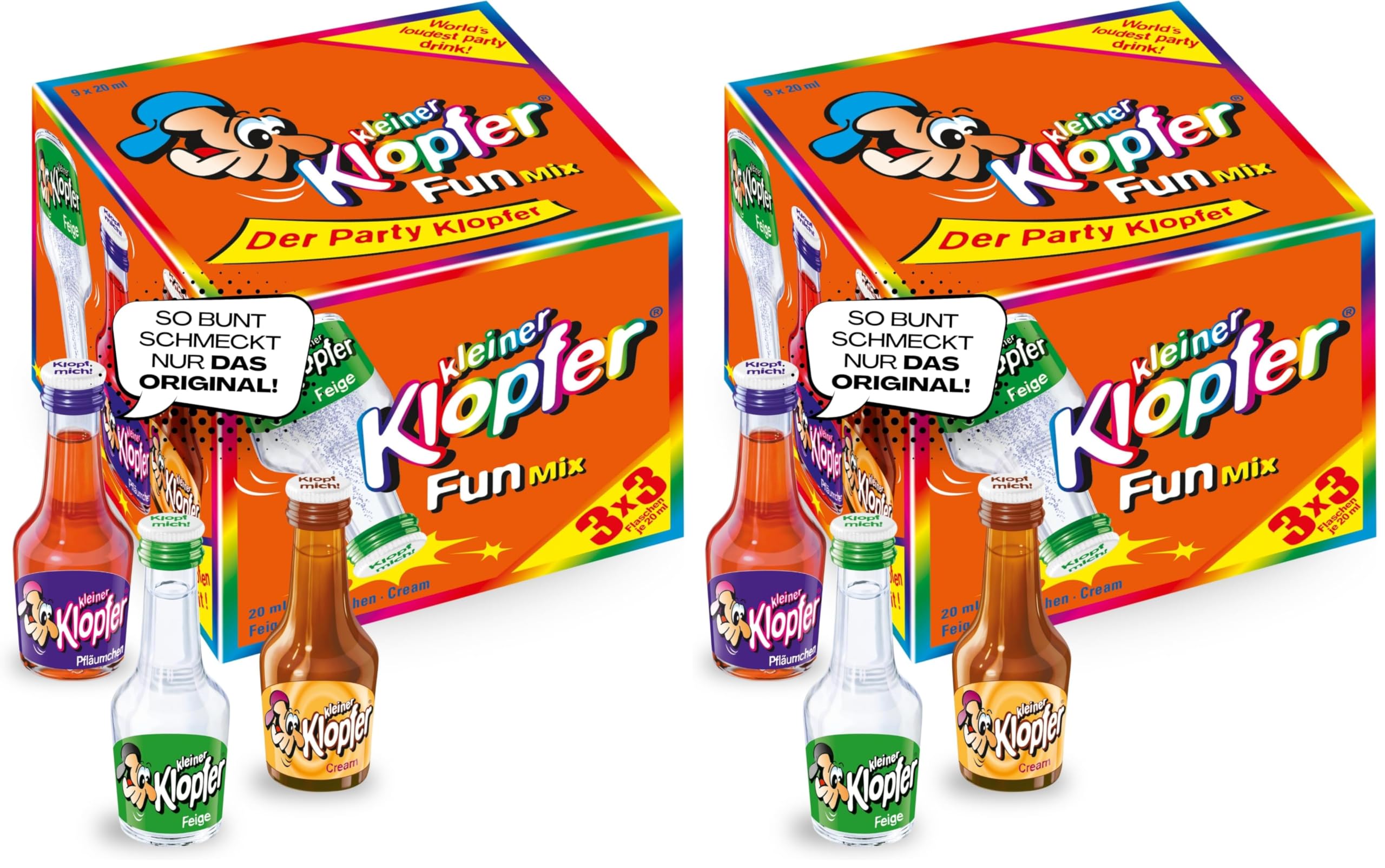 Kleiner Klopfer Fun Mix I 9 Mini Liköre à 20 ml I 3 beliebte Sorten Cream, Feige & Pfläumchen I 15-17% Vol. I Likör-Mix für Feiern, Geburtstag & Karneval (Packung mit 2)