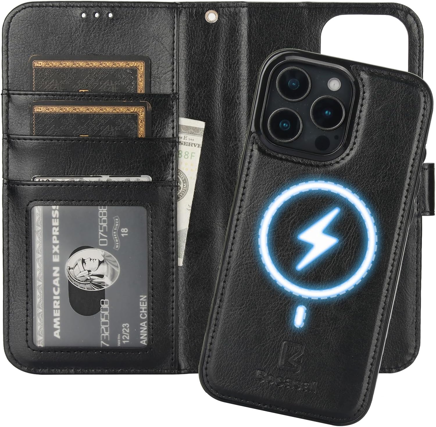 Bocasal for iPhone 16 Pro Max Wallet Case Compatible with MagSafe Wireless Charging, RFID Blocking Magnetic Leather Case with Card Slots Holder Kickstand Detachable Wrist Strap 6.9 Inch (Black)