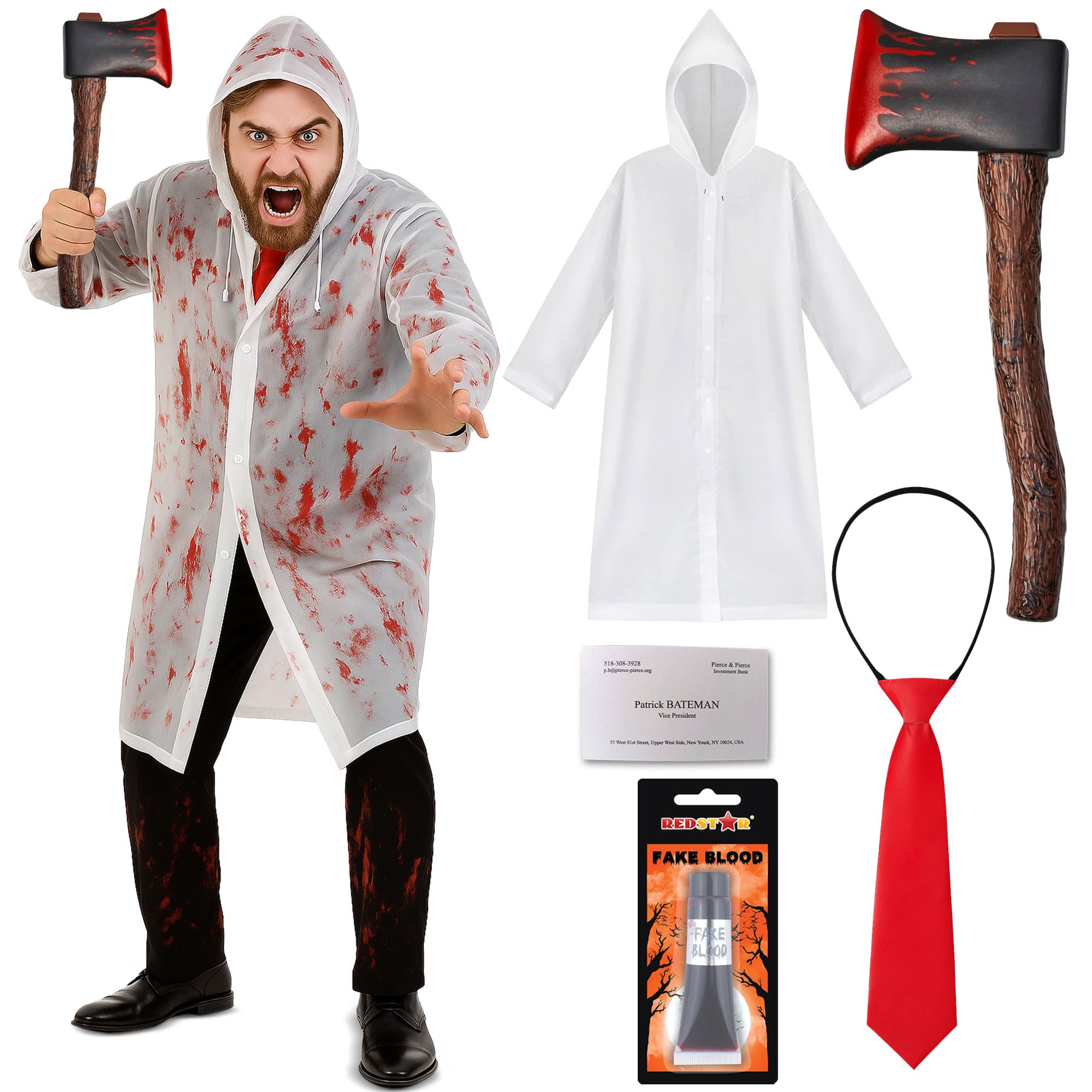5pc Adults Psycho Costume for Mens Halloween Costumes - Clear Rain Coat, Fake Blood, Fake Axe, Red Tie & Business Card - Psycho American Film Serial Killer Outfit - Mens Adult Halloween Fancy Dress