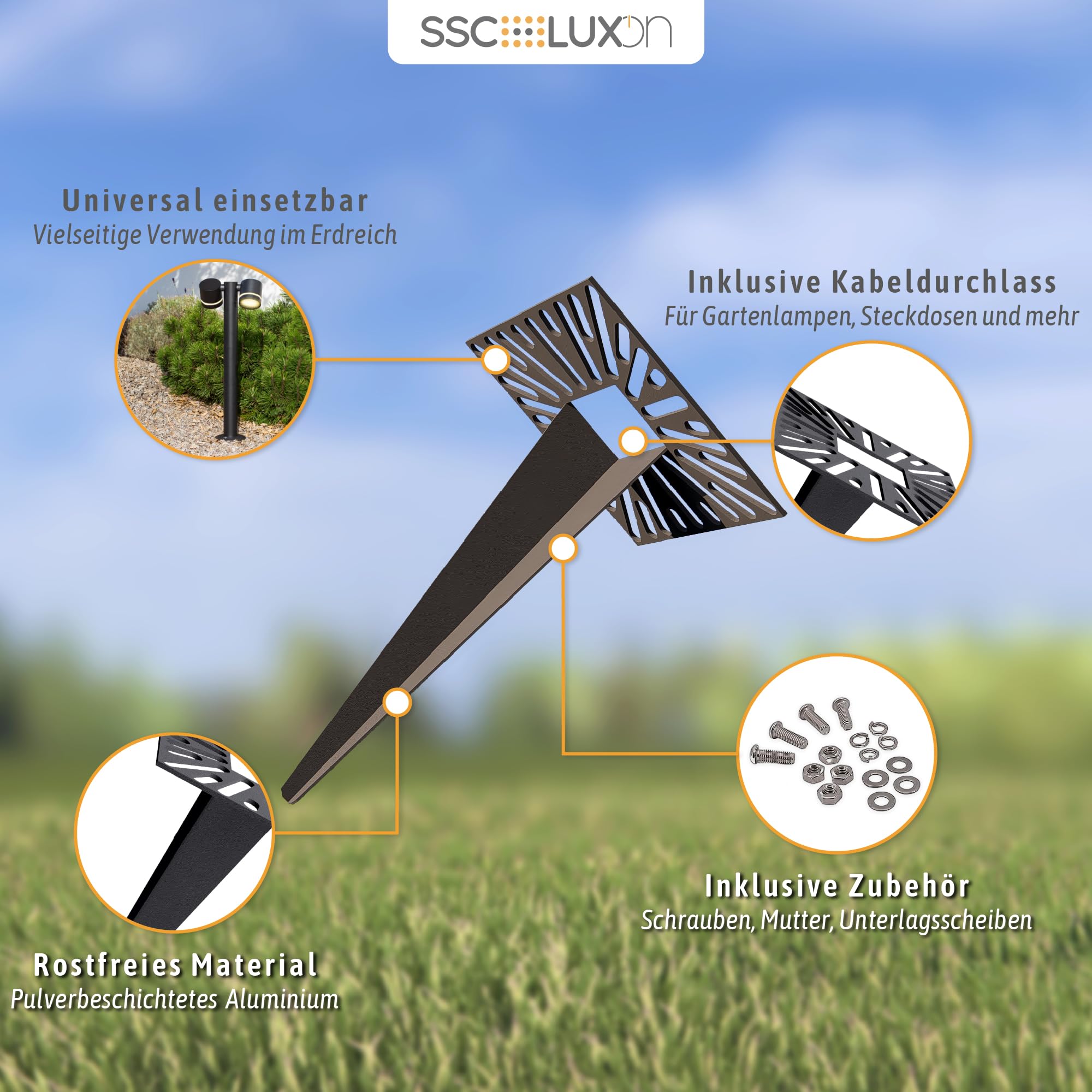 SSC-LUXon HAUKI Erdspieß 4er Set universal schwarz für Gartenleuchten