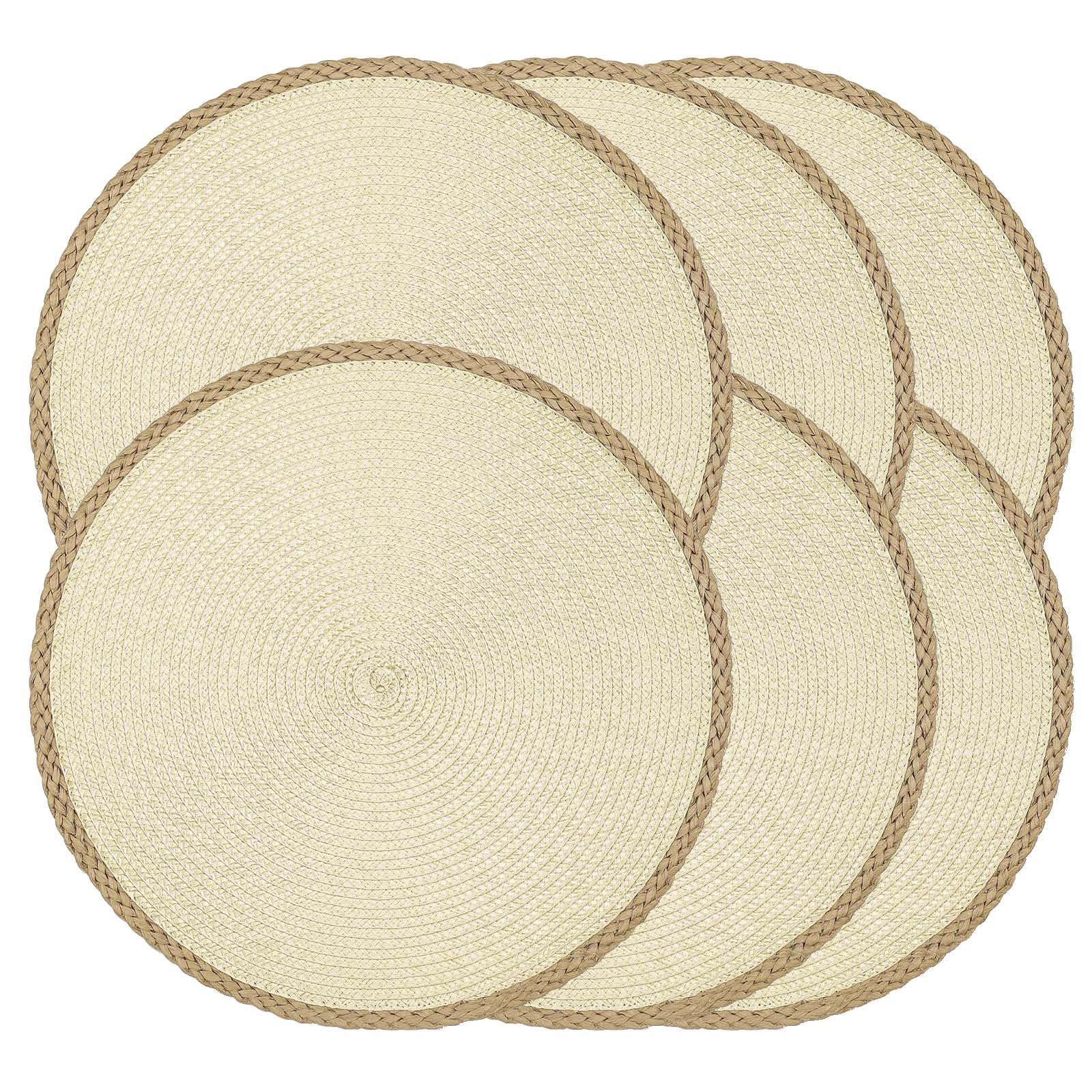 Noctiflorous 15 Inch Round Braided Placemats Set of 6 Washable Wipeable Easy Clean Heat Resistant Woven Dining Table Mats Decor for Holiday Parties Indoor Outdoor Daily Use(Beige Thin Edge, 6) — image 1