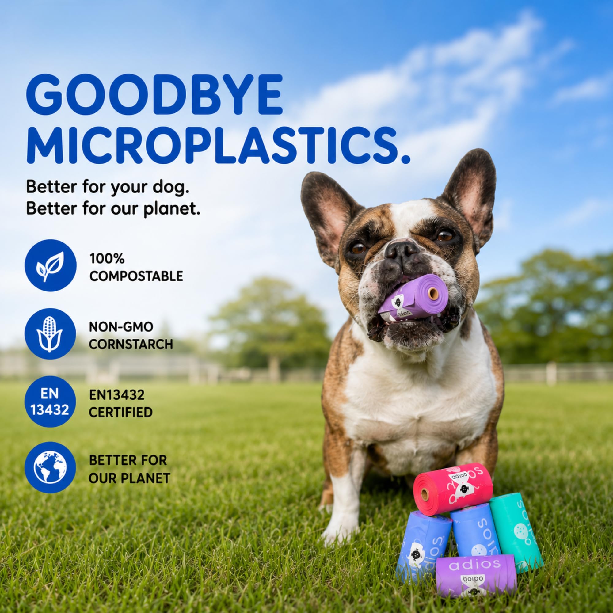 Adios Plastic - Bolsas compostables para excrementos de perro con asas, 360 unidades (24 rollos) - Colores arcoíris - Bolsas extra gruesas, a prueba de fugas, a prueba de olores - Hechas de almidón de
