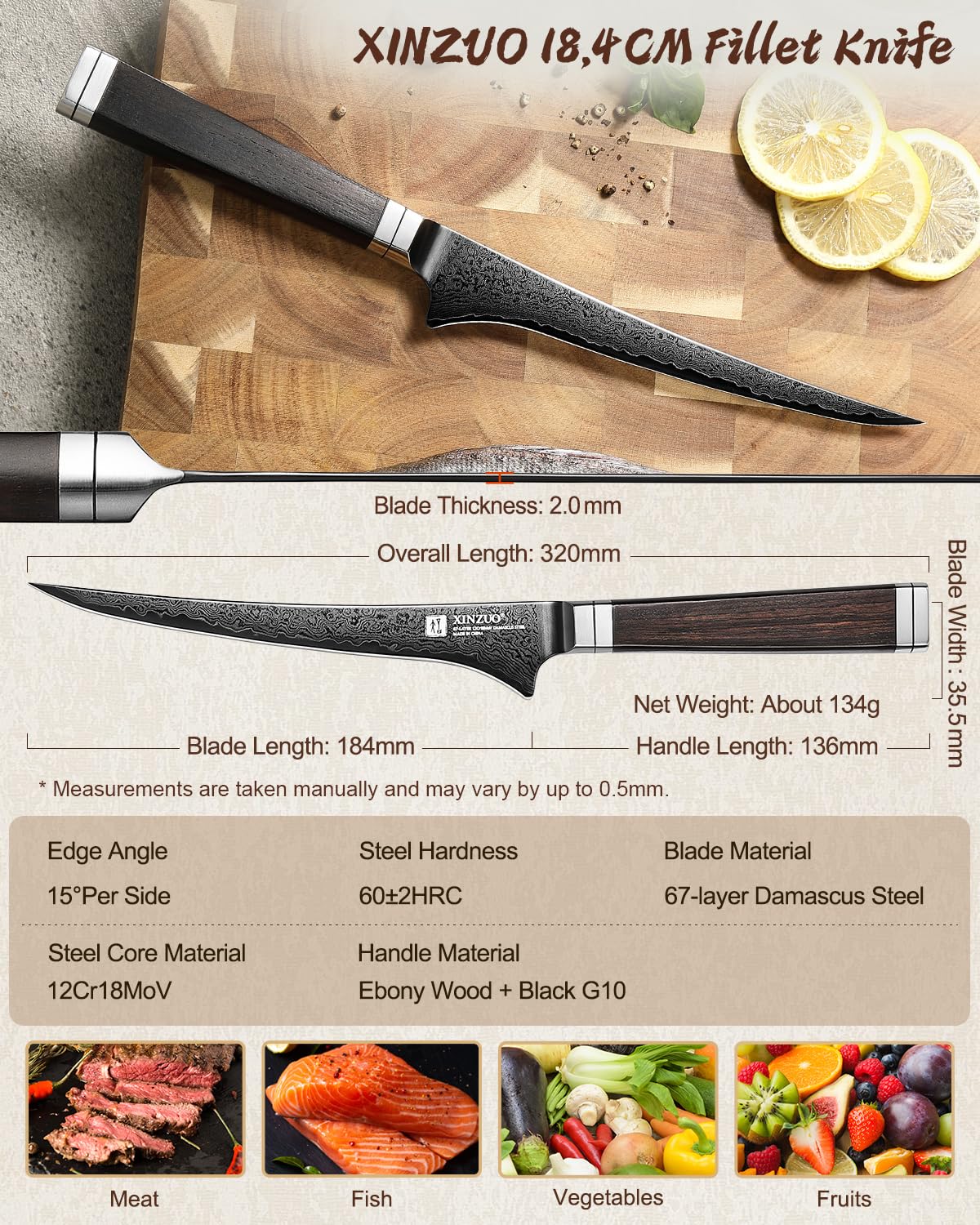 XINZUO 18,4cm Damaststahl Filetiermesser-Schwarze Klinge -67 Schichten Damastmesser Fischmesser Profi Kochmesser -Damaskus Fischfiliermesser Ausbeinmesser für Küchen -Griff aus Ebenholz
